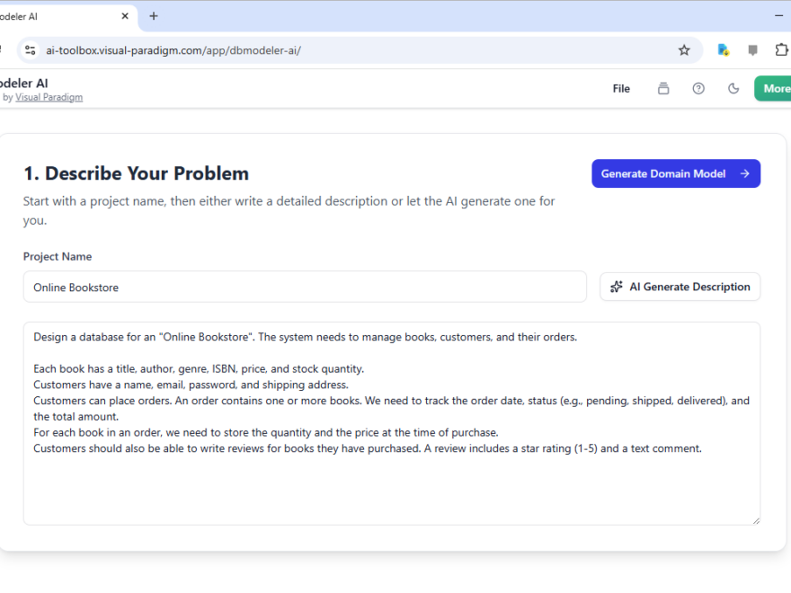 Merancang Skema Toko Buku Online Cerdas: Alat Pembuat Model Basis Data Berbasis AI Terbaik oleh Visual Paradigm
