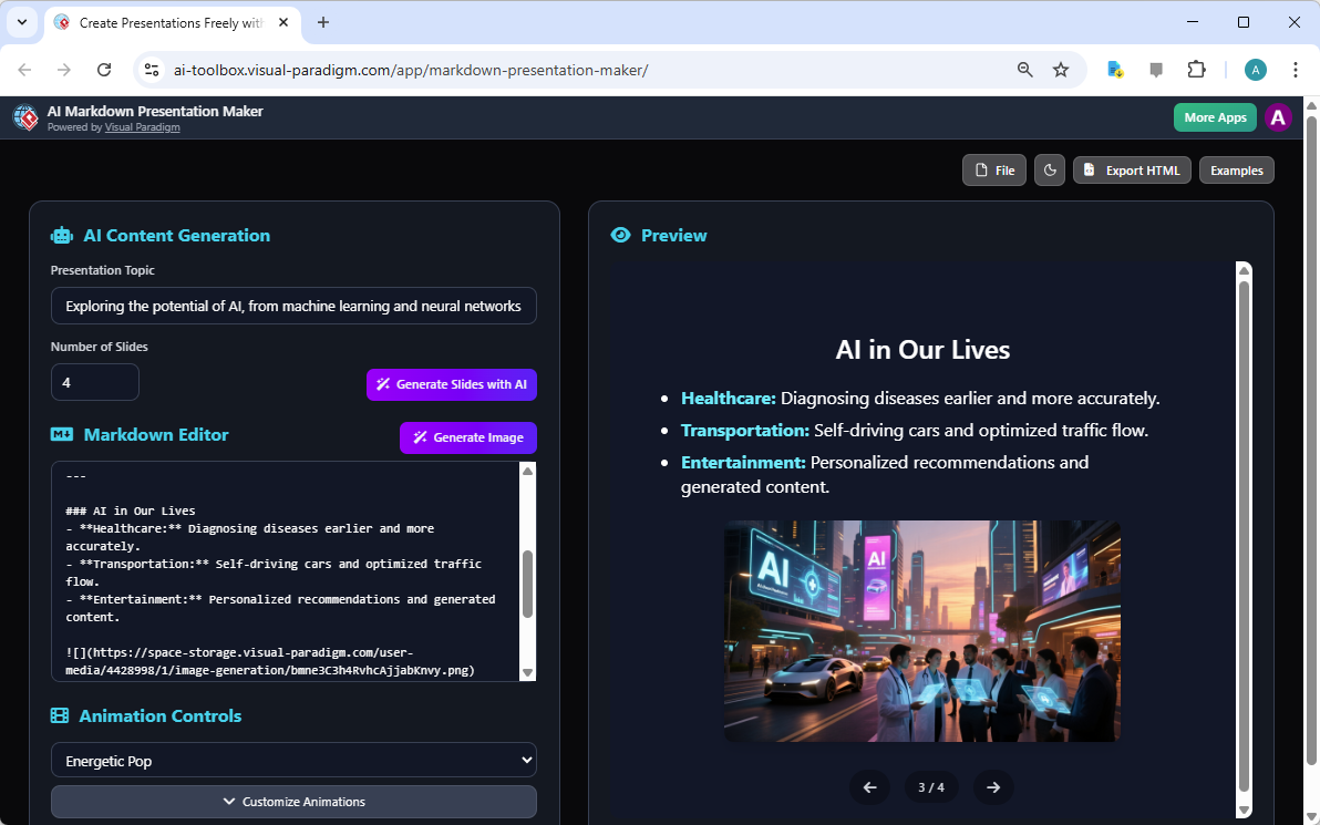 This is a screenshot of Visual Paradigm's AI-Powered Markdown Presentation Maker. It shows an example of using this app to cr