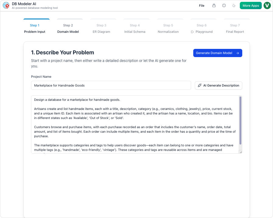 DBModeler AI interface showing problem input