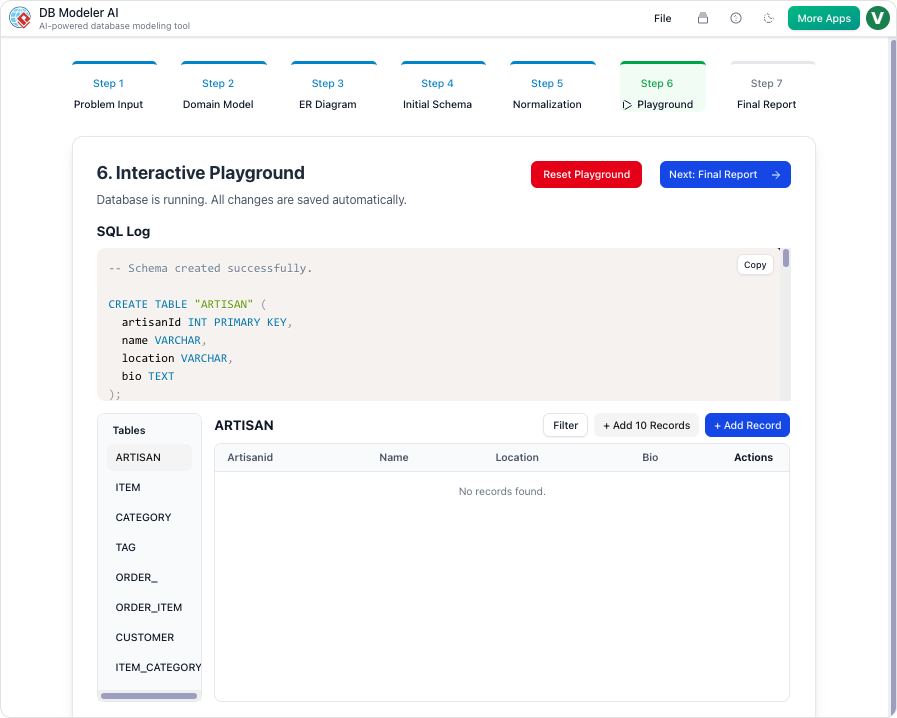 DBModeler AI showing interactive playground