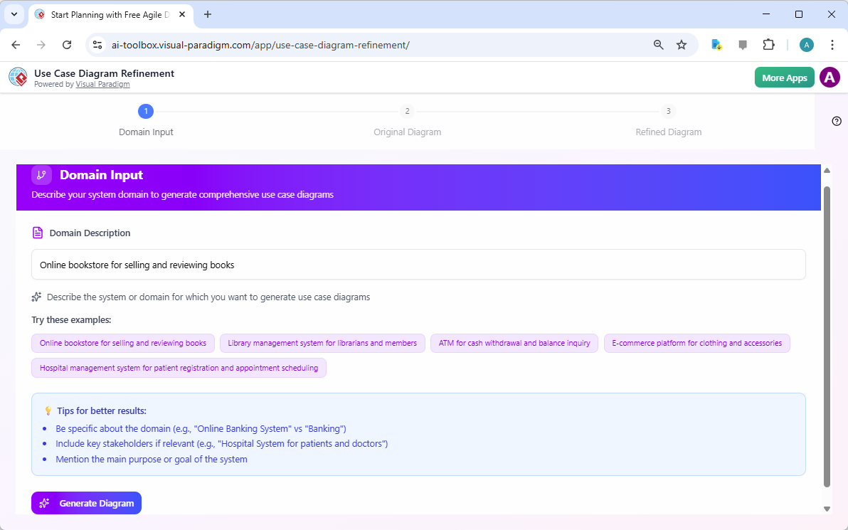 This is the screenshot of Visual Paradigm's AI Powered Use Case Diagram Refinement Tool. It is now showing the step 1. The us