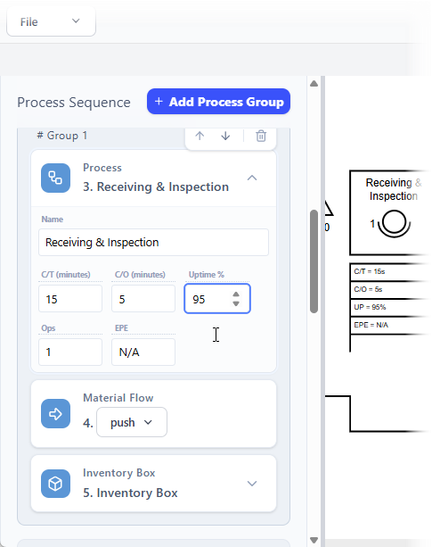 The content of the value stream mapping can be edited via the configuration pane on the left. - Professional online diagram m