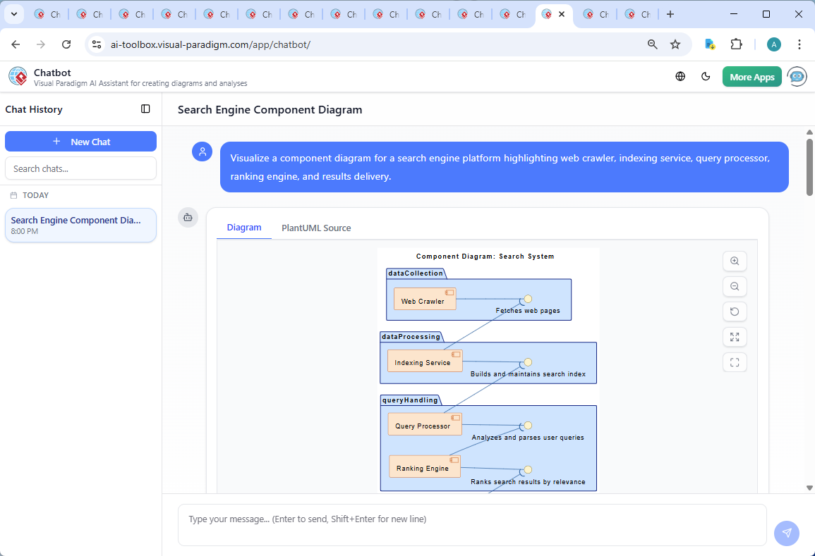 Screenshot of the Visual Paradigm AI Chatbot interface showing a conversation about a search engine component diagram, including follow-up questions on data flow and timing.