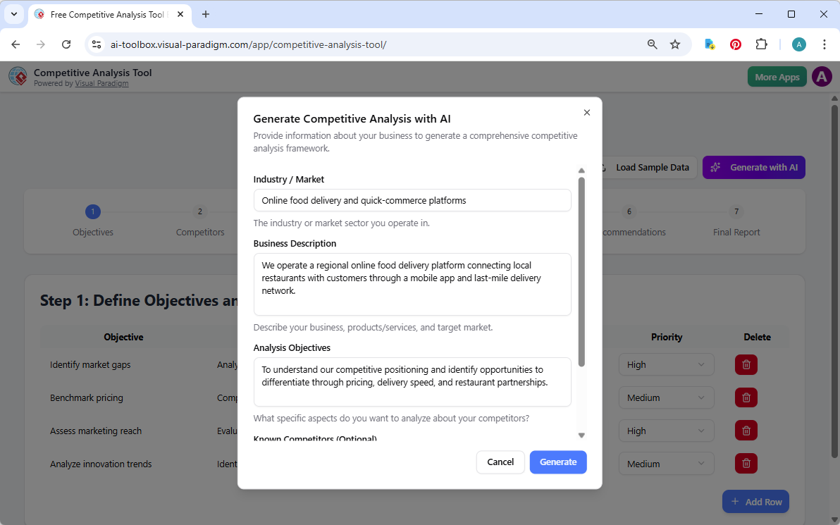 This is the screenshot of Visual Paradigm's AI-Powered Competitive Analysis Tool. It is now at AI generation screen, where th