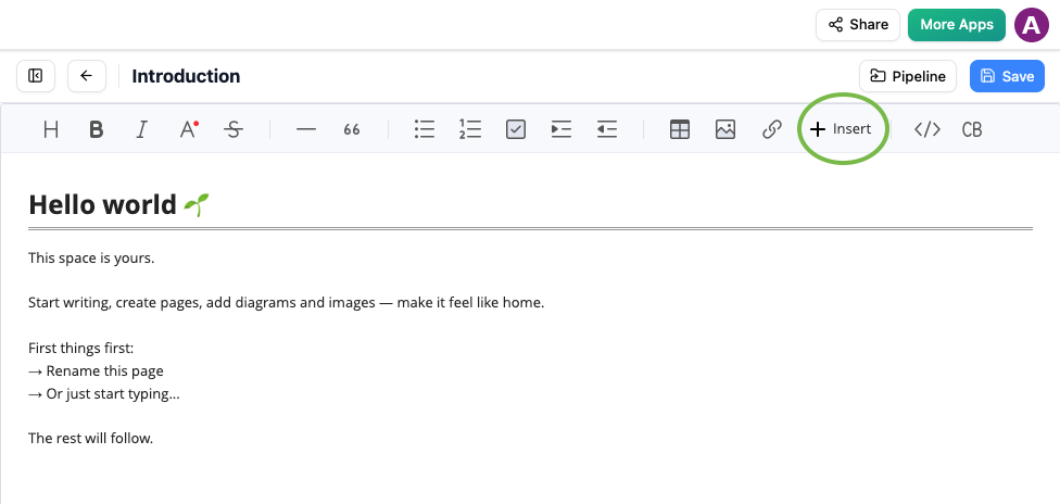 Insert button in OpenDocs editor with Pipeline option for adding AI-generated diagrams