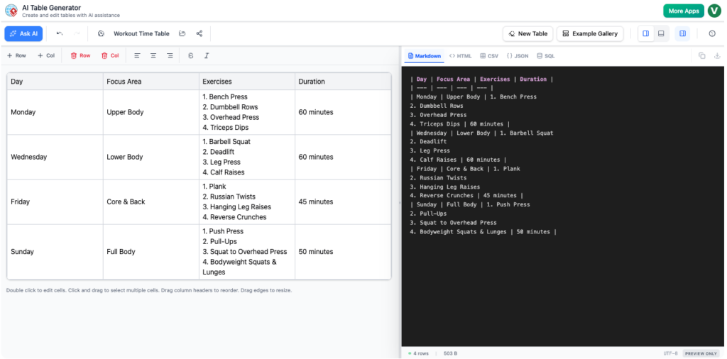 AI Table Generator: Generation