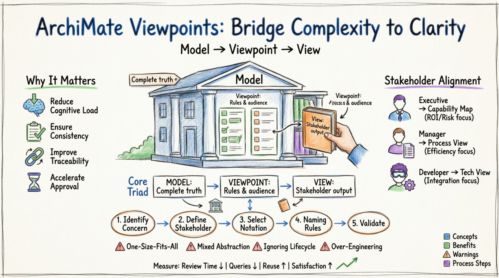 Hand-drawn whiteboard infographic illustrating ArchiMate Viewpoint strategy: visualizes the Model-View-Viewpoint triad using a library analogy, stakeholder alignment framework for executives/managers/developers, 5-step viewpoint design process, four common pitfalls to avoid, and key benefits including reduced cognitive load, consistency, traceability, and accelerated approval cycles for enterprise architecture communication