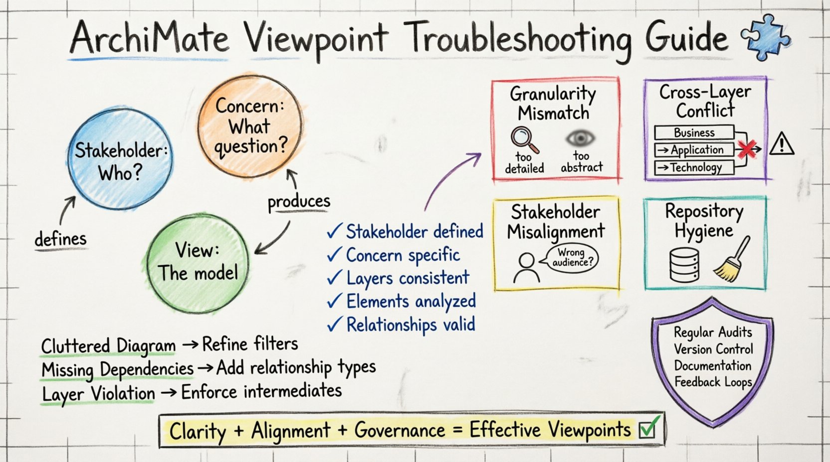Hand-drawn whiteboard infographic illustrating ArchiMate Viewpoint implementation troubleshooting: shows the core Viewpoint construct (Stakeholder, Concern, View), four common challenges (granularity mismatch, cross-layer conflicts, stakeholder misalignment, repository hygiene), a 5-step diagnostic checklist, resolution strategies for cluttered diagrams and layer violations, and governance practices including audits and feedback loops, all rendered in colorful marker style on a whiteboard background for enterprise architecture practitioners