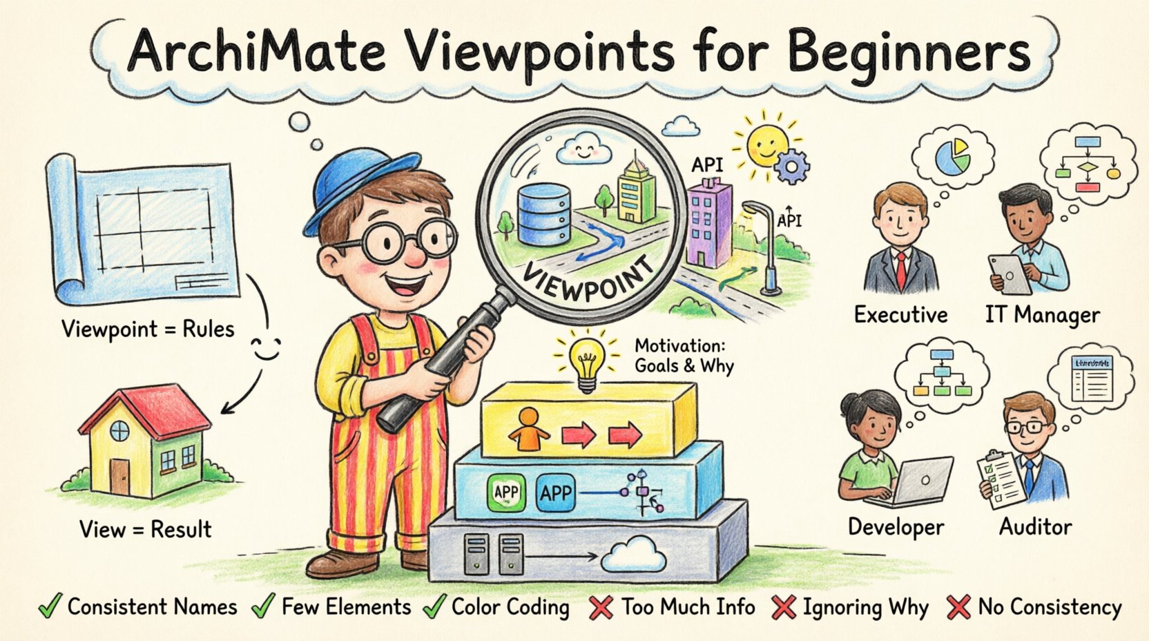 Child's drawing style infographic explaining ArchiMate Viewpoints for beginners: playful crayon illustration showing viewpoint as magnifying glass focusing on enterprise architecture, blueprint template versus actual view comparison, three stacked layers (Business, Application, Technology) with Motivation lightbulb, stakeholder characters viewing customized diagrams, and visual best practices checklist - all in colorful hand-drawn 16:9 layout for intuitive learning