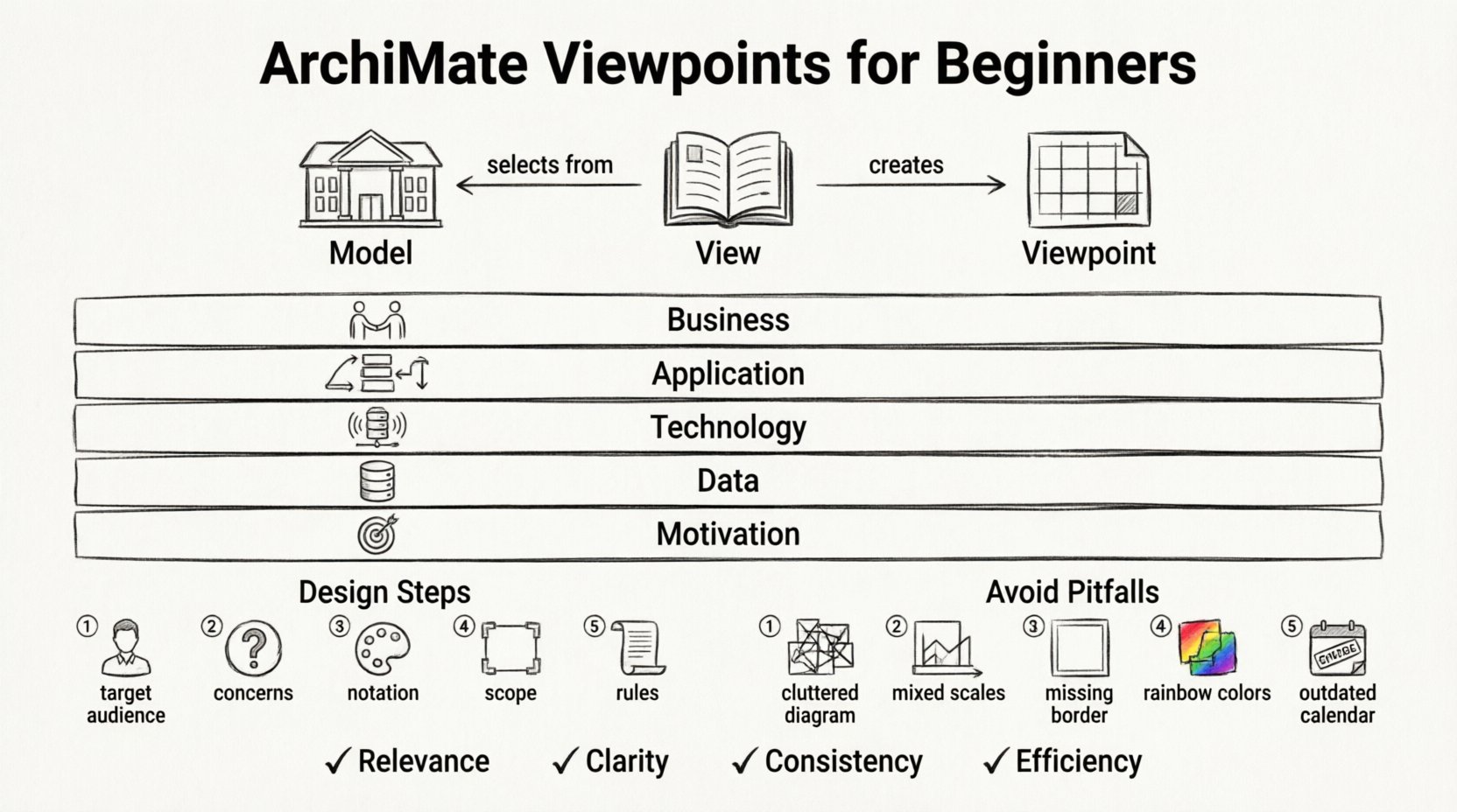 Line art infographic explaining ArchiMate Viewpoints for beginners: illustrates the Model-View-Viewpoint relationship, five ArchiMate layers (Business, Application, Technology, Data, Motivation), five-step viewpoint design process, common viewpoint types, and key best practices for enterprise architecture communication