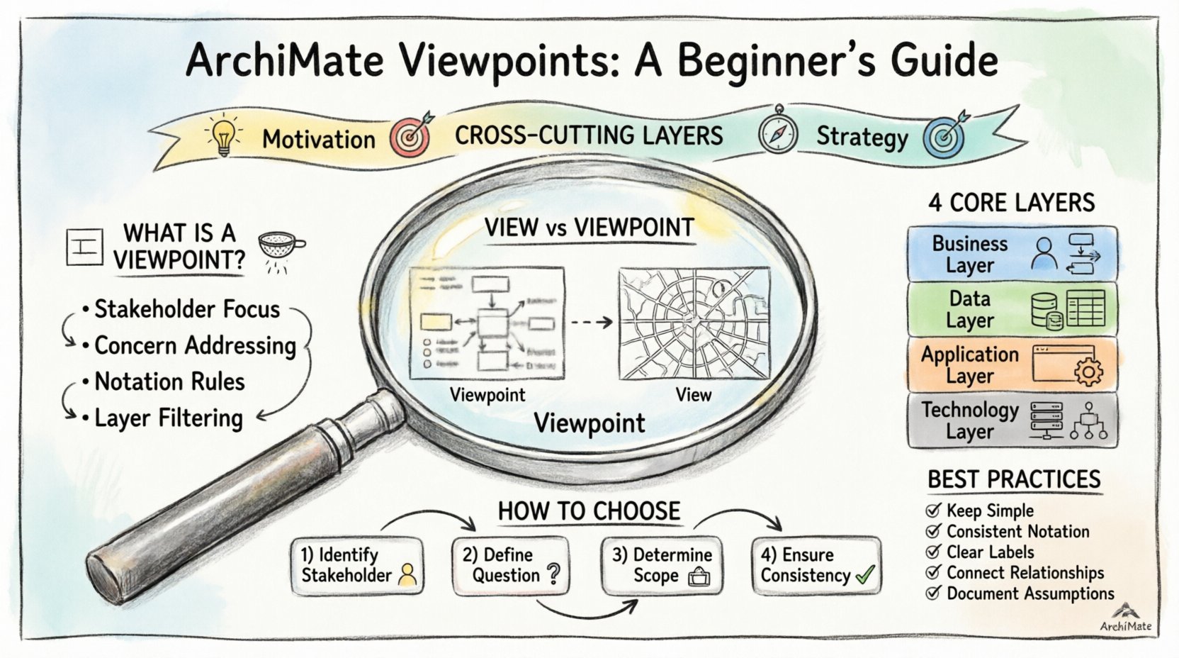 Hand-drawn infographic explaining ArchiMate Viewpoints for beginners, showing viewpoint as a filter lens, view vs viewpoint analogy with map legend, four core architecture layers (Business, Data, Application, Technology), cross-cutting Motivation and Strategy layers, four-step viewpoint selection process, and best practices checklist for enterprise architecture modeling