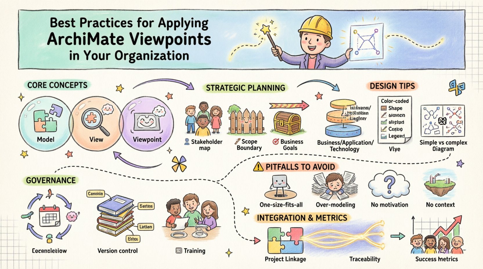 Whimsical infographic illustrating best practices for applying ArchiMate viewpoints in enterprise architecture, covering core concepts (model/view/viewpoint), strategic planning steps, design principles, governance frameworks, common pitfalls to avoid, integration strategies, and success metrics, presented with playful illustrations and pastel colors in 16:9 format