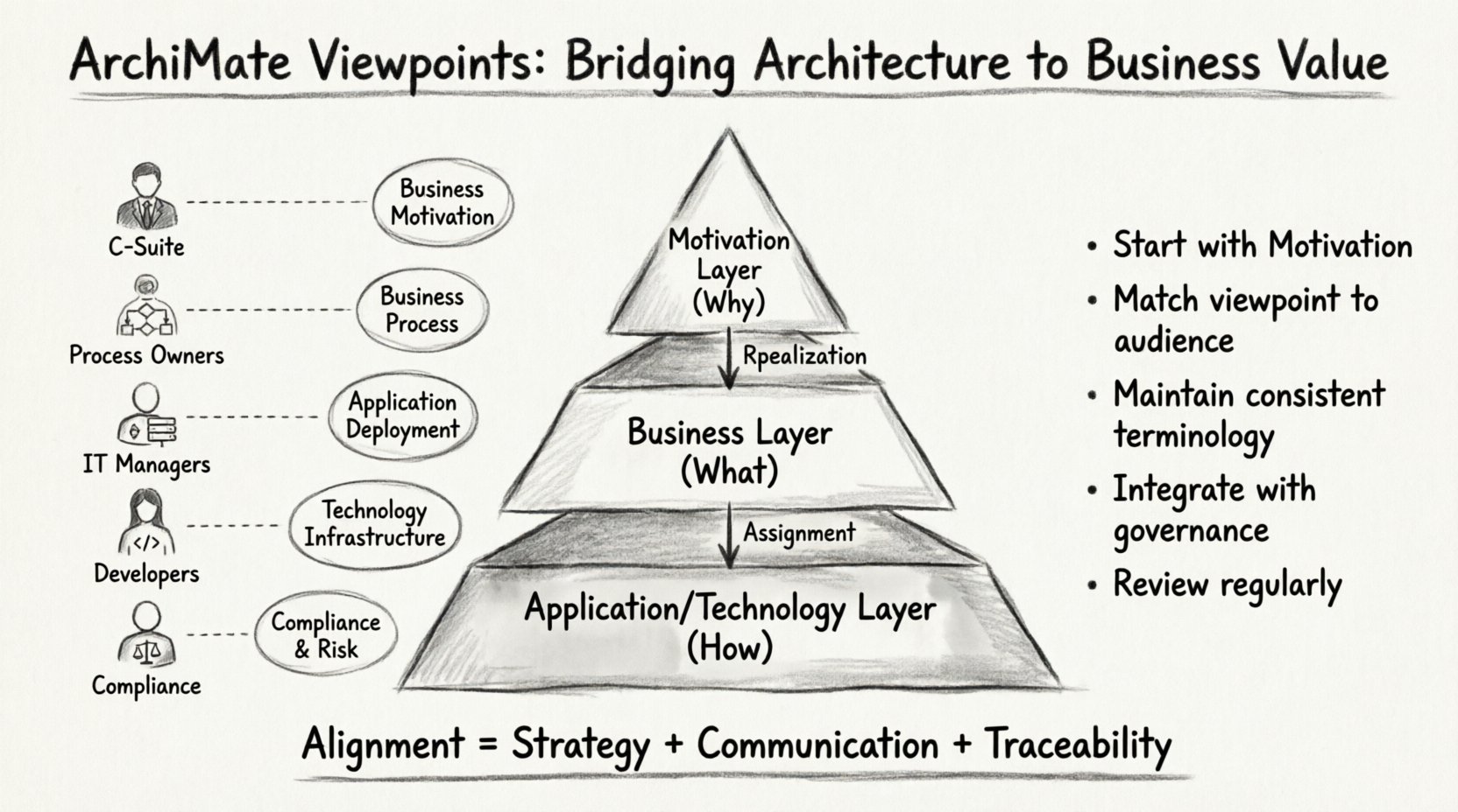 A charcoal sketch infographic illustrating how ArchiMate Viewpoints translate enterprise architecture into business value, featuring a three-layer pyramid (Motivation, Business, Technology), stakeholder-to-viewpoint mapping, traceability chains connecting strategic goals to technical implementation, and key best practices for achieving business-IT alignment.