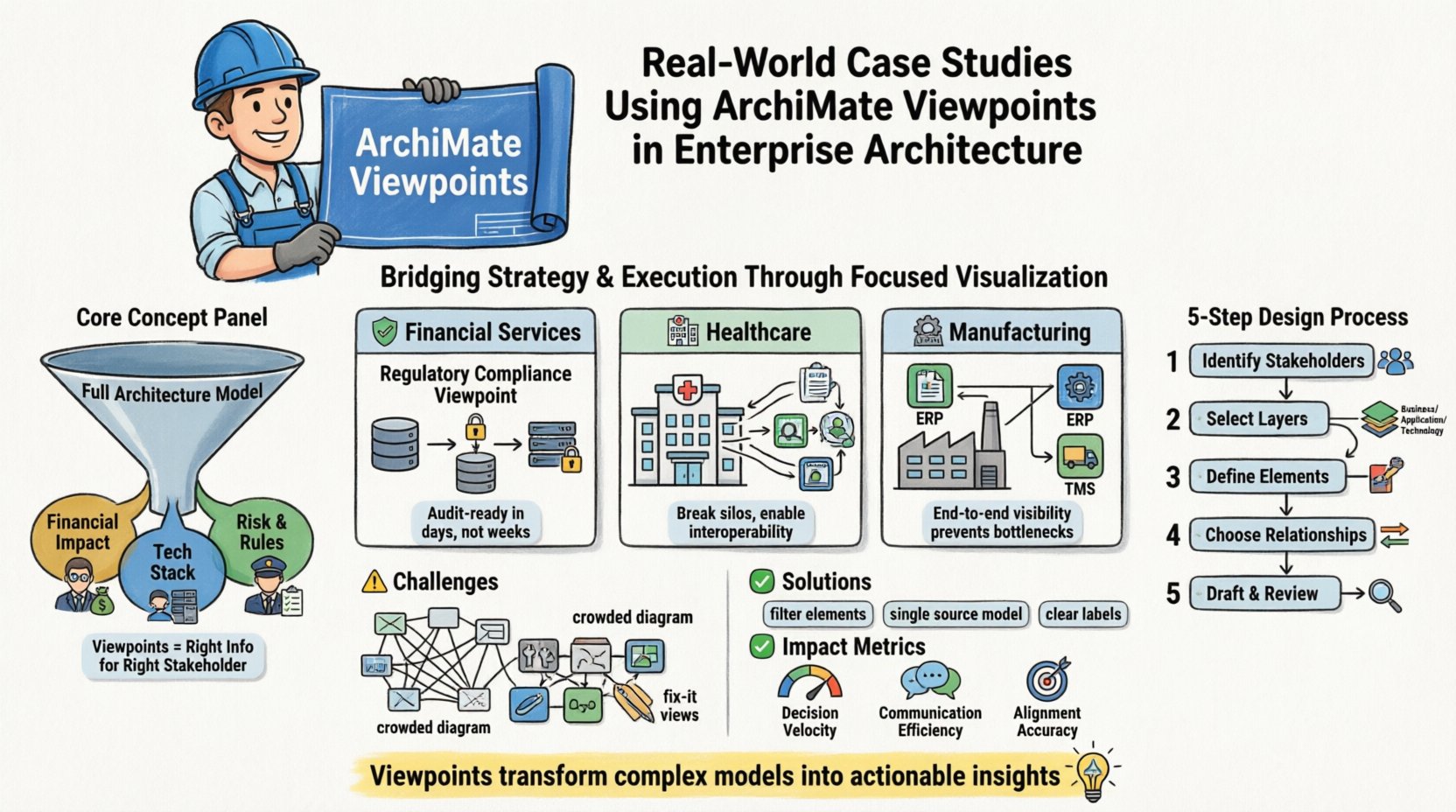Cartoon infographic illustrating ArchiMate Viewpoints in Enterprise Architecture: shows how filtered views deliver stakeholder-specific insights across three real-world case studies (financial compliance, healthcare interoperability, manufacturing supply chain), plus a 5-step viewpoint design process, common challenges with solutions, and key impact metrics for measuring architecture communication effectiveness