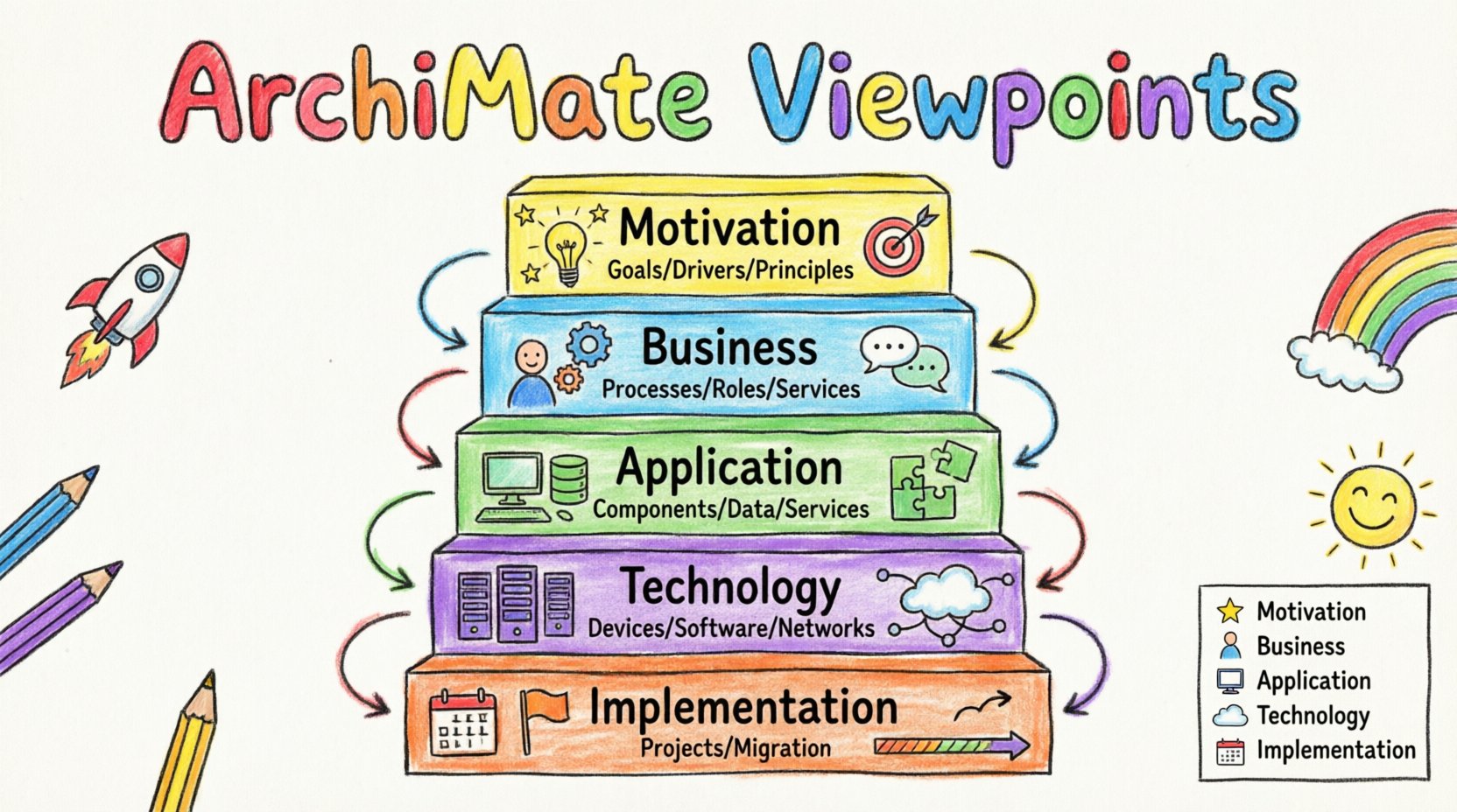 Child-style crayon drawing infographic of ArchiMate Viewpoints showing five colorful stacked layers: Motivation with stars and lightbulbs for goals and drivers, Business with stick figures and gears for processes and roles, Application with computers and puzzle pieces for software components and data, Technology with servers and cloud networks for infrastructure, and Implementation with calendar flags for project migration, all connected by playful arrows to illustrate how enterprise architecture components relate across organizational levels