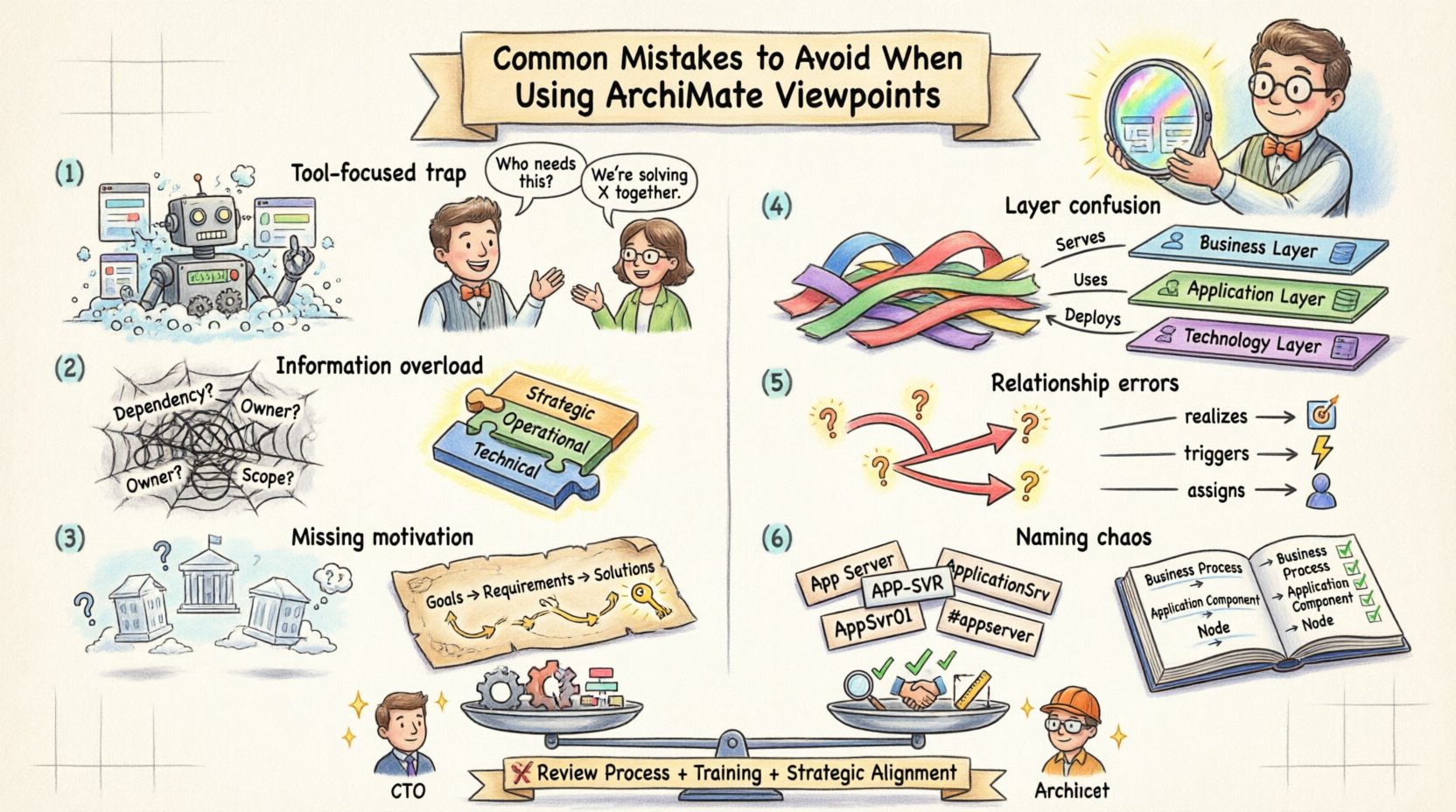 Whimsical educational infographic about six common mistakes to avoid when using ArchiMate viewpoints in enterprise architecture: 1) designing for modeling tools instead of stakeholder audiences, 2) overloading single views with excessive information, 3) ignoring the motivation layer of goals and requirements, 4) inconsistently mixing Business, Application, and Technology layers, 5) using incorrect ArchiMate relationship semantics, and 6) failing to maintain consistent naming conventions. Features playful visual metaphors, color-coded layer examples, good vs bad practice comparisons, and tips for review processes and training. Designed in a cheerful watercolor illustration style for clear communication of architecture modeling best practices.