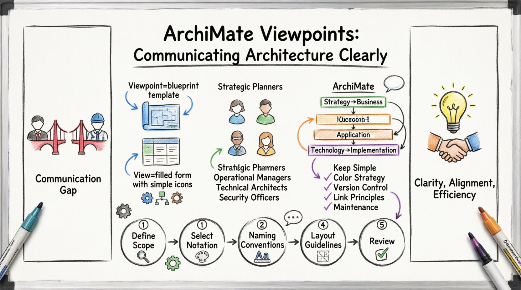 Hand-drawn whiteboard infographic explaining ArchiMate Viewpoints for enterprise architecture communication, featuring viewpoint vs view distinction with blueprint analogy, four stakeholder groups with color-coded markers, five ArchiMate layers stack with filtering concept, five-step viewpoint design process, and best practices checklist, all illustrated with sketchy marker drawings, icons, and arrows on a whiteboard background