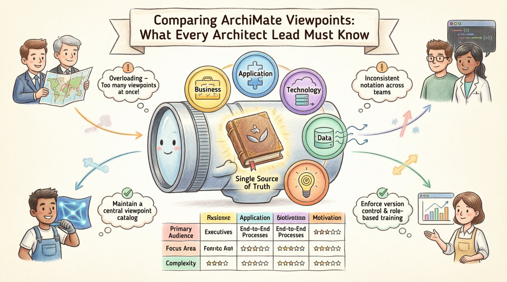 Whimsical infographic comparing ArchiMate Viewpoints for Enterprise Architecture: illustrates Business, Application, Technology, Data, and Motivation viewpoint categories with camera lens metaphor, stakeholder mapping, comparison matrix, and best practices for Architect Leads to improve communication, governance, and traceability
