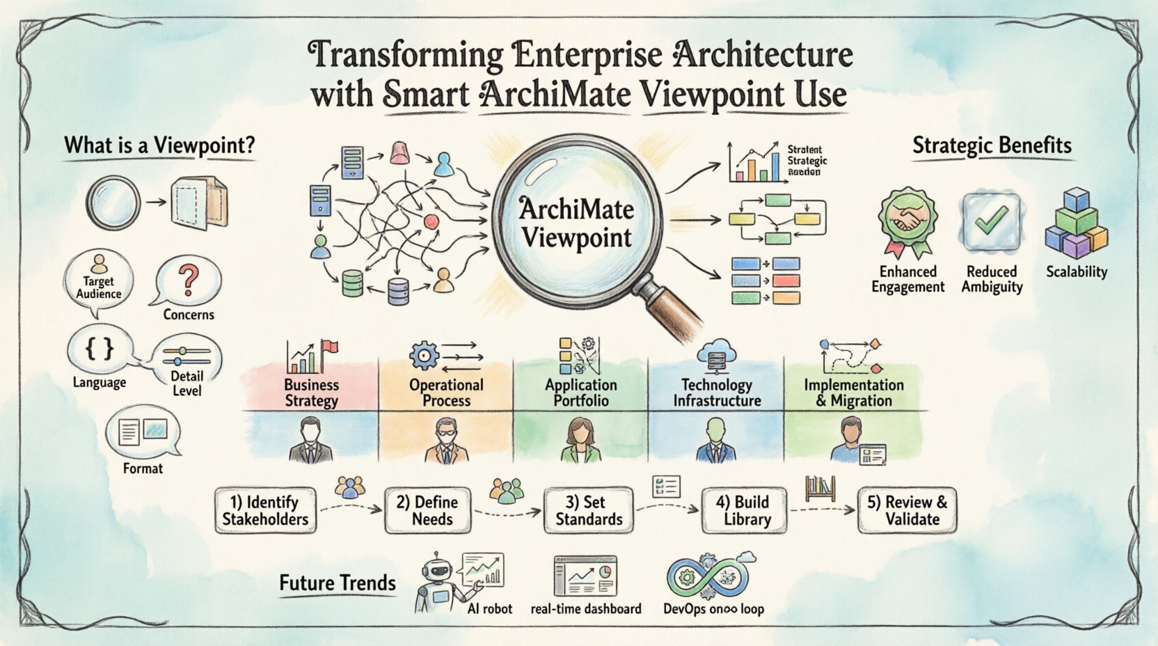 Hand-drawn infographic explaining ArchiMate Viewpoints for Enterprise Architecture: shows how viewpoint lenses filter complex architecture data for different stakeholders, featuring key components (audience, concerns, language, detail level, format), five strategic benefits, viewpoint categories table (Business Strategy, Operational Process, Application Portfolio, Technology Infrastructure, Implementation & Migration), five implementation steps, common challenges to avoid, and future trends including AI automation and DevOps integration