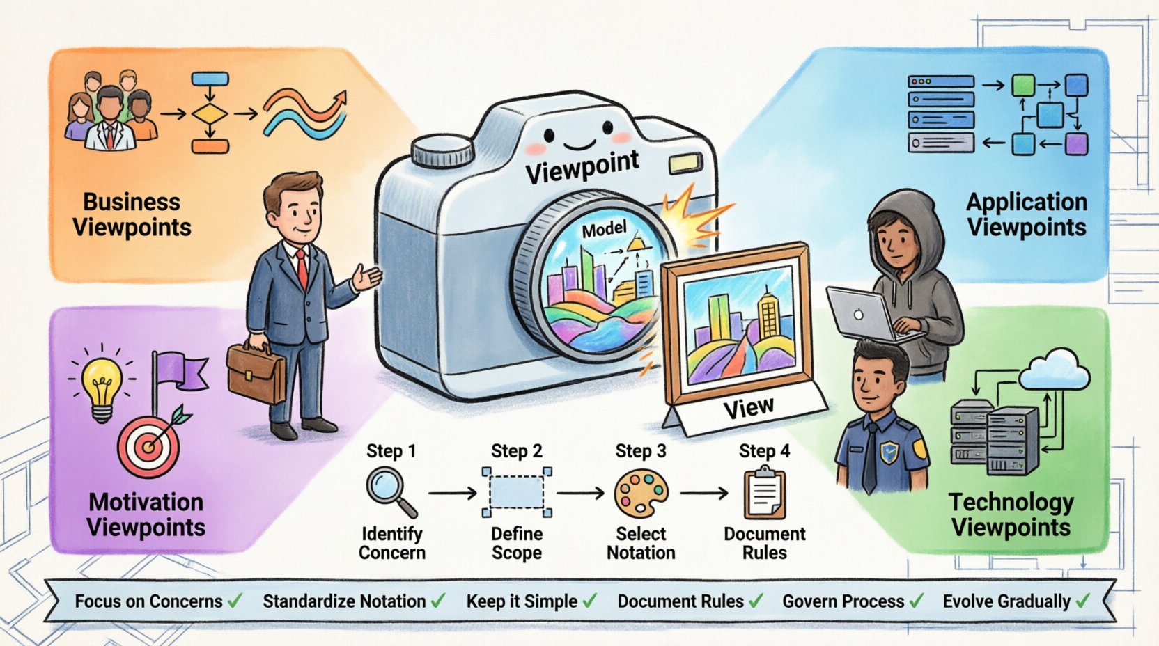 Cartoon infographic illustrating ArchiMate Viewpoints for enterprise architecture: shows Model-View-Viewpoint triad with camera analogy, four viewpoint categories (Business, Application, Technology, Motivation), stakeholder alignment benefits, 4-step custom viewpoint design process, and best practices checklist for building stronger architectural foundations
