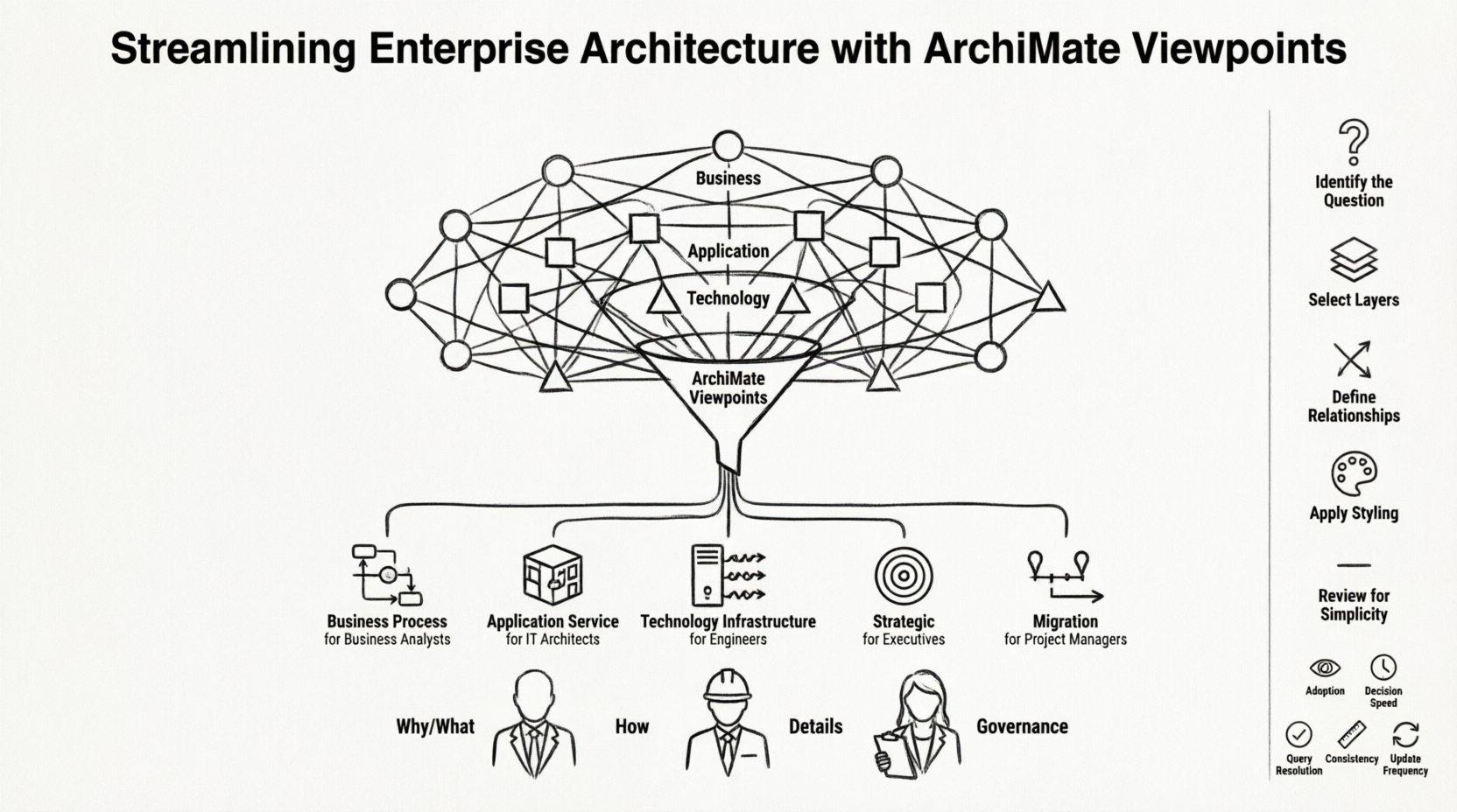 Line art infographic showing how ArchiMate Viewpoints filter complex Enterprise Architecture models into targeted, stakeholder-specific views: Business Process for analysts, Application Service for IT architects, Technology Infrastructure for engineers, Strategic for executives, and Migration for project managers, with design principles and success metrics for streamlined architecture communication