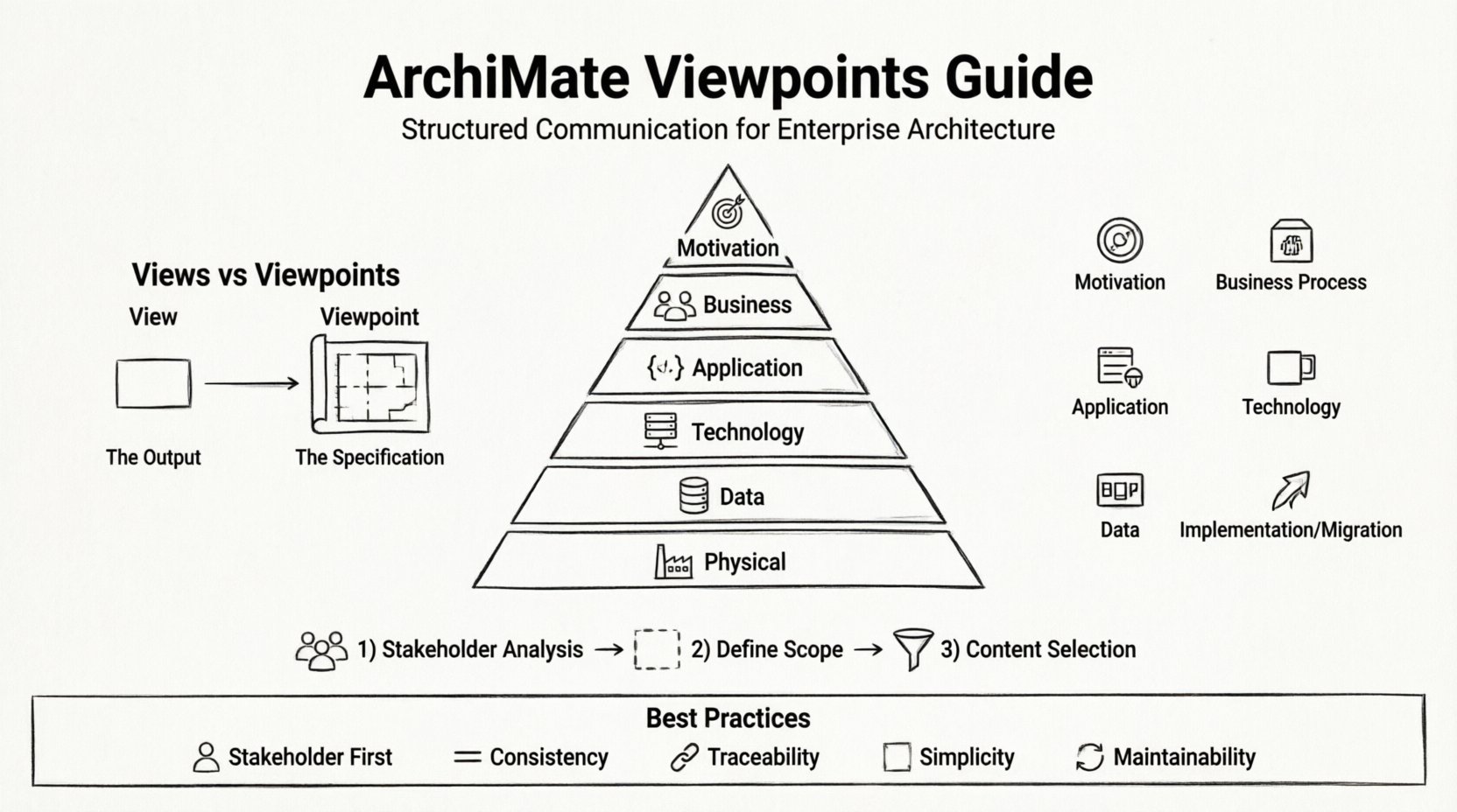 Line art infographic explaining ArchiMate Viewpoints for Enterprise Architects: illustrates views vs viewpoints distinction, six architecture layers (Motivation, Business, Application, Technology, Data, Physical), six key viewpoint categories with icons (Motivation, Business Process, Application, Technology, Data, Implementation/Migration), three-step design process (Stakeholder Analysis, Define Scope, Content Selection), and five best practices checklist in clean 16:9 monochrome layout