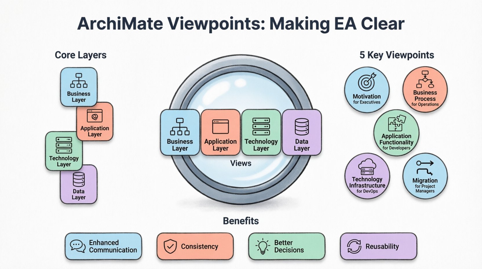 Infographic explaining ArchiMate Viewpoints in Enterprise Architecture: features a camera lens metaphor showing how Viewpoints (templates) create focused Views for different stakeholders. Displays four core layers (Business, Application, Technology, Data) with pastel icons, five key viewpoint categories (Motivation, Business Process, Application Functionality, Technology Infrastructure, Migration) with target audience labels, and four benefits (Enhanced Communication, Consistency, Better Decisions, Reusability). Clean flat design with uniform black outlines, rounded shapes, pastel accent colors (sky blue, coral pink, mint, lavender), and ample white space. Educational visual guide for students and social media, English text, 16:9 aspect ratio.