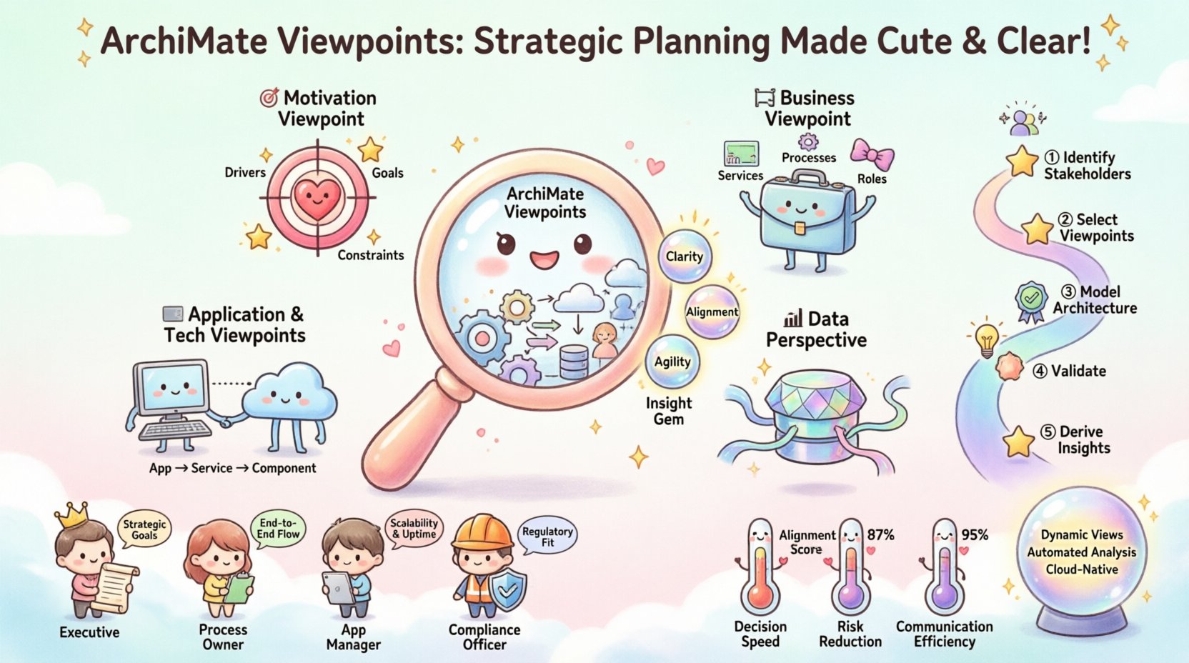 Kawaii-style infographic illustrating ArchiMate Viewpoints for strategic enterprise planning, featuring cute icons for Motivation, Business, Application, Technology, and Data layers, stakeholder alignment matrix with chibi characters, 5-step implementation roadmap, and KPI metrics in soft pastel colors with playful rounded design elements