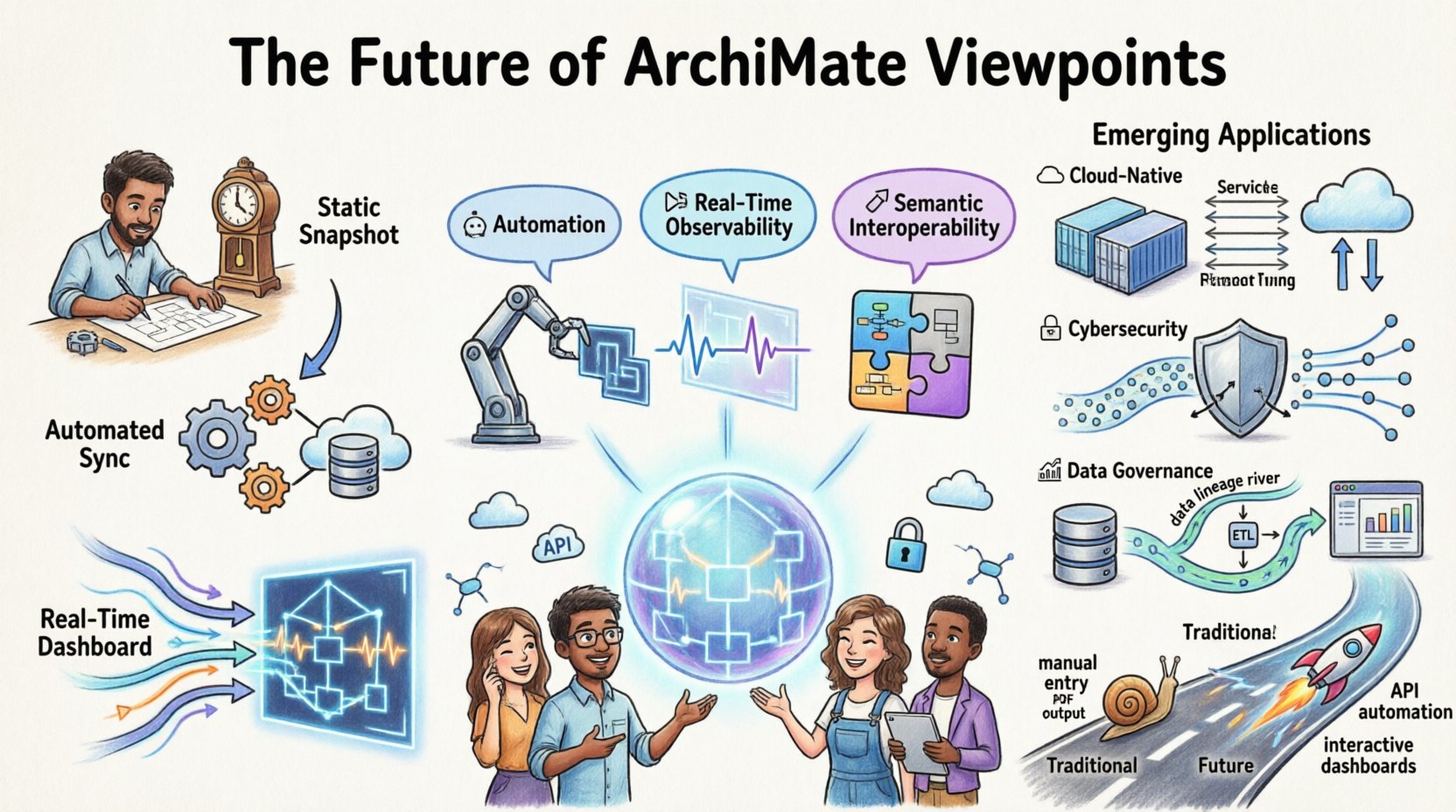 Cartoon infographic illustrating the evolution of ArchiMate Viewpoints from static documentation to dynamic, real-time enterprise architecture models, featuring key trends like automation, observability, semantic interoperability, and emerging applications in cloud-native architecture, cybersecurity, and data governance