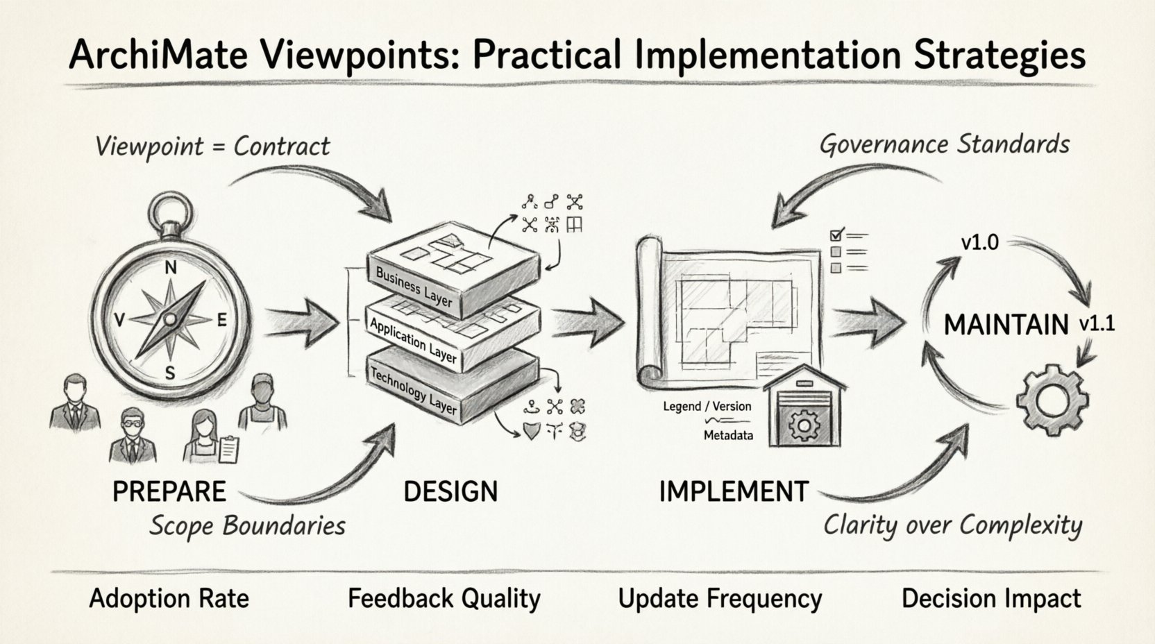 Charcoal contour sketch infographic illustrating practical strategies for implementing ArchiMate Viewpoints in enterprise architecture: four-phase workflow covering stakeholder analysis and scope definition, viewpoint design with layered abstraction and notation selection, implementation with templates and validation, and maintenance through feedback loops and version control; includes key principles like governance standards, relationship mapping, and success metrics for effective architecture communication