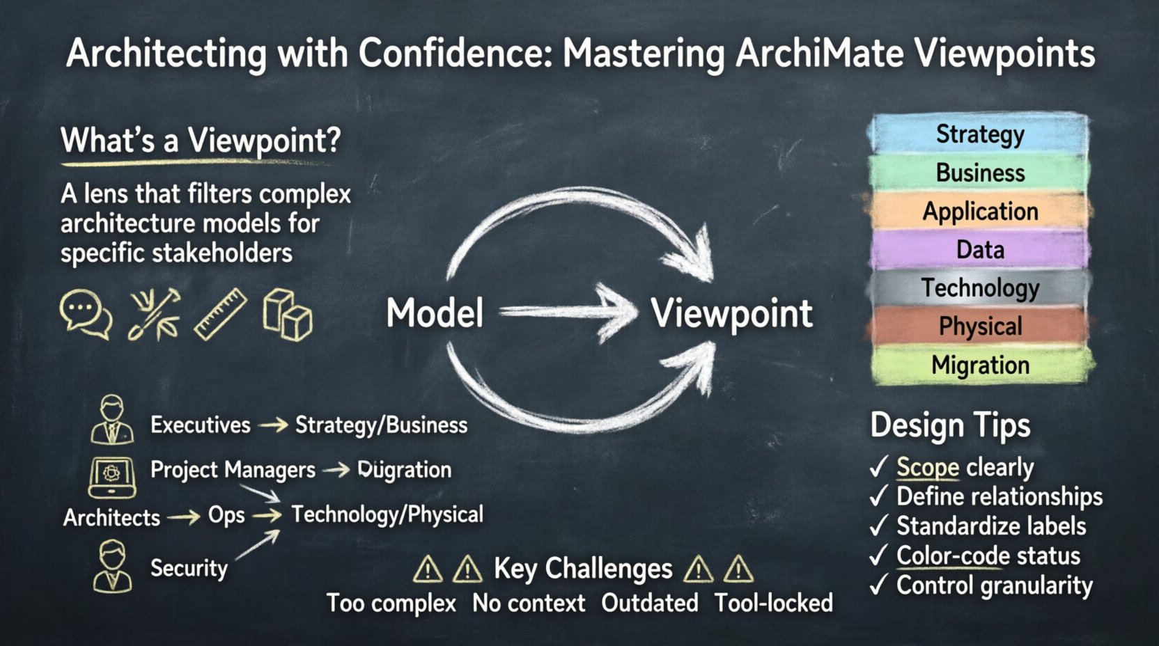 Chalkboard-style infographic explaining ArchiMate Viewpoints for enterprise architecture: shows Model-View-Viewpoint triad, seven ArchiMate layers (Strategy to Migration), stakeholder concern mapping for executives/architects/ops/security, viewpoint design principles, and common implementation challenges - hand-drawn teacher aesthetic for clear technical communication