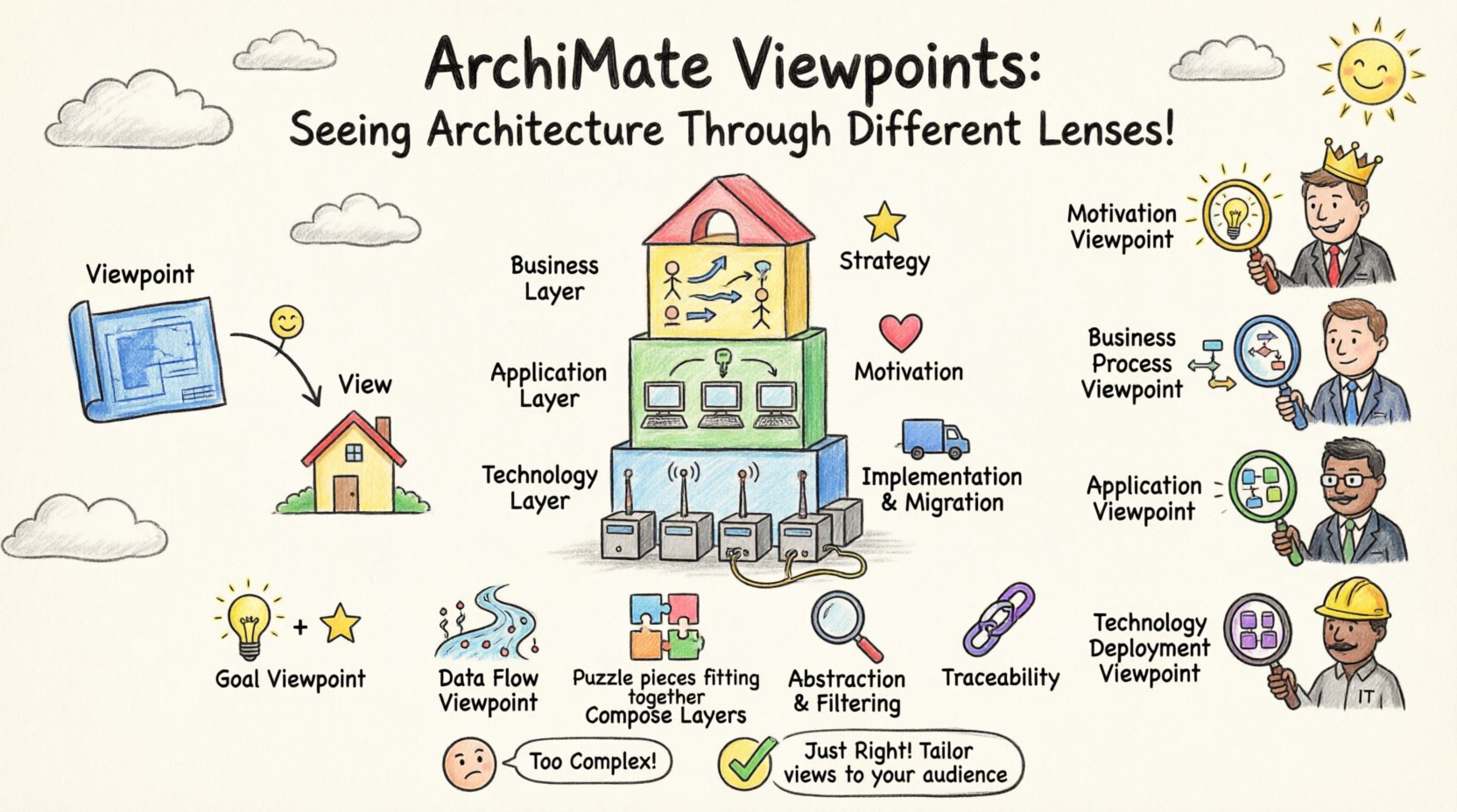 Child-style hand-drawn infographic explaining ArchiMate Viewpoints for enterprise architecture, featuring colorful layered building blocks for Business Application and Technology layers, friendly stakeholder characters viewing architecture through different colored magnifying glass lenses, simple playful icons for motivation goals business processes data flow and technology deployment viewpoints, with visual metaphors for blueprint vs view abstraction filtering and traceability strategies, designed to make complex enterprise architecture concepts accessible and engaging for all audiences