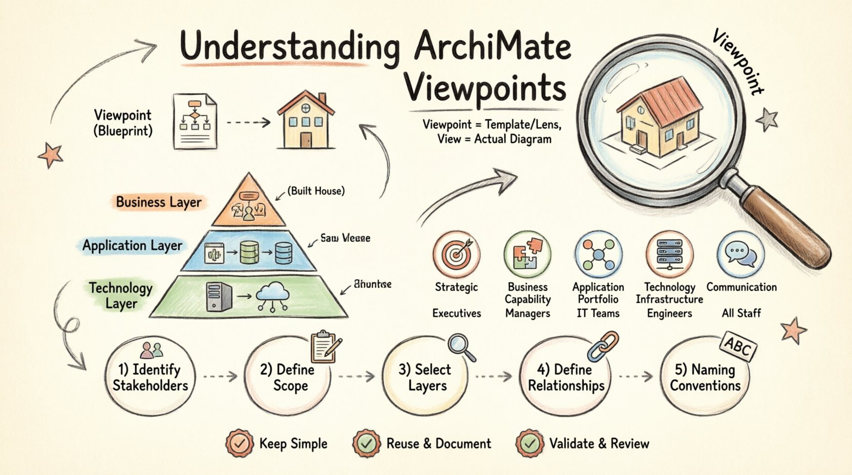 Hand-drawn infographic explaining ArchiMate Viewpoints for enterprise architecture novices: shows viewpoint as template/lens metaphor, view vs viewpoint comparison (blueprint vs house), ArchiMate layers pyramid (Business, Application, Technology), five viewpoint types with audience icons (Strategic for executives, Business Capability for managers, Application Portfolio for IT, Technology Infrastructure for engineers, Communication for general staff), five-step creation workflow (identify stakeholders, define scope, select layers, determine relationships, naming conventions), and best practice badges (keep simple, reuse & document, validate & review) - thick outline sketch style with muted watercolor fills, 16:9 aspect ratio