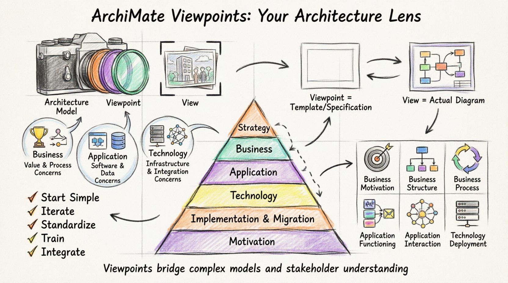 Marker-style infographic explaining ArchiMate Viewpoints: illustrates the viewpoint vs view distinction, stakeholder alignment across business/application/technology layers, the six ArchiMate layers pyramid, six standard viewpoint types, and best practices for enterprise architecture communication