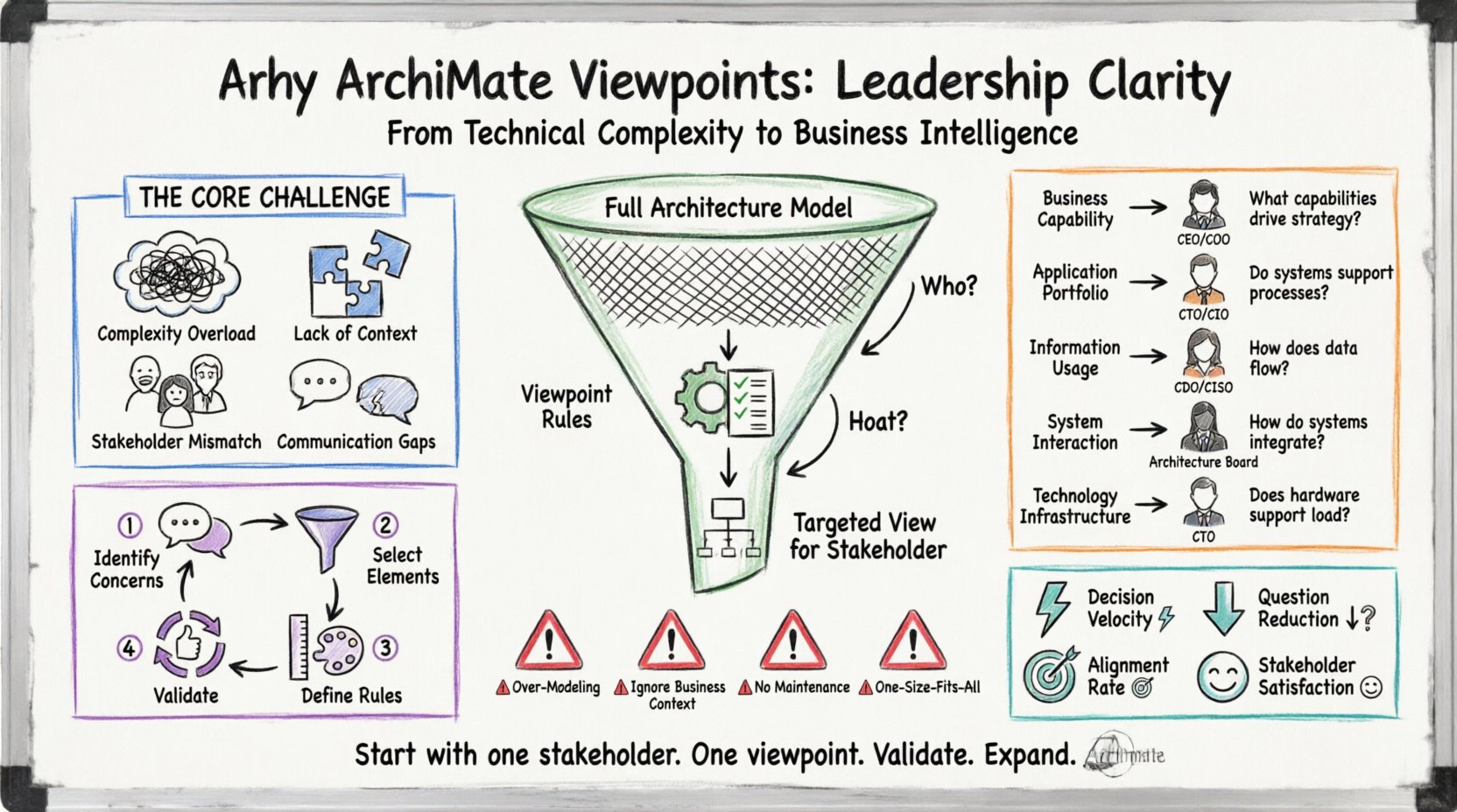 Hand-drawn whiteboard infographic explaining ArchiMate Viewpoints for leadership teams: visualizes core challenges (complexity overload, stakeholder mismatch), the viewpoint-as-filter concept, five executive viewpoint types with audiences and key questions, four-step design process, common pitfalls to avoid, and success metrics—all color-coded with marker-style sketches for intuitive business-architecture communication