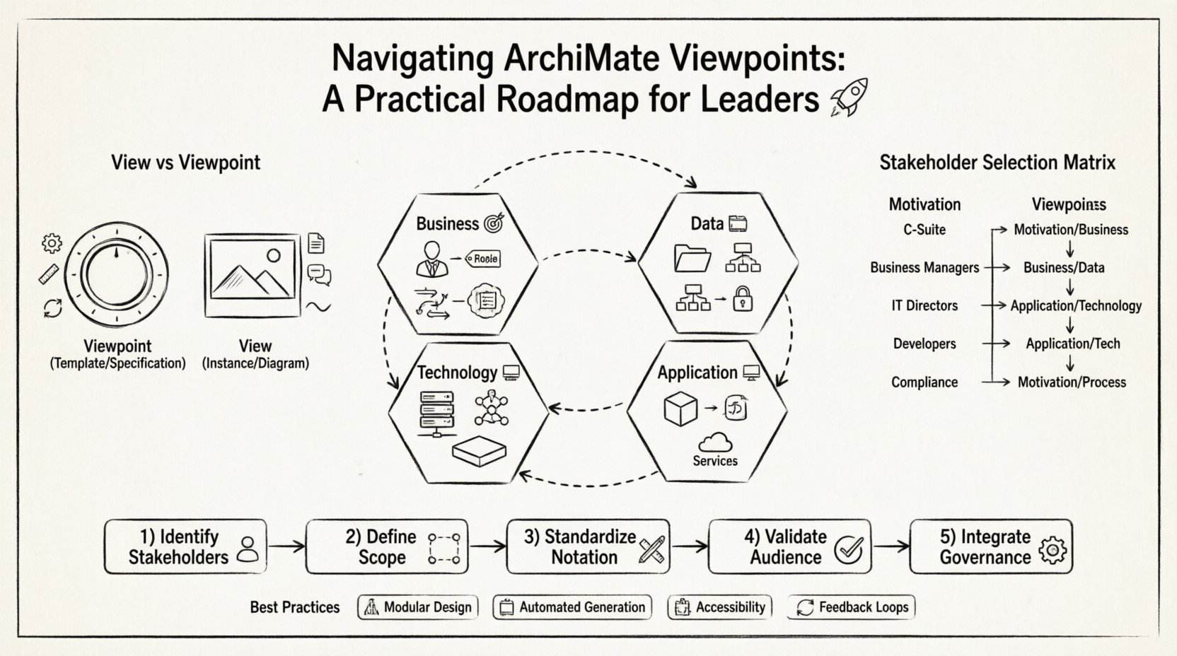 Line art infographic illustrating ArchiMate Viewpoints framework: View vs Viewpoint comparison using camera analogy, five core viewpoint categories (Business, Data, Application, Technology, Motivation) with icons and key concepts, stakeholder selection matrix mapping roles to recommended viewpoints, and five-step strategy roadmap for implementing viewpoint governance in enterprise architecture