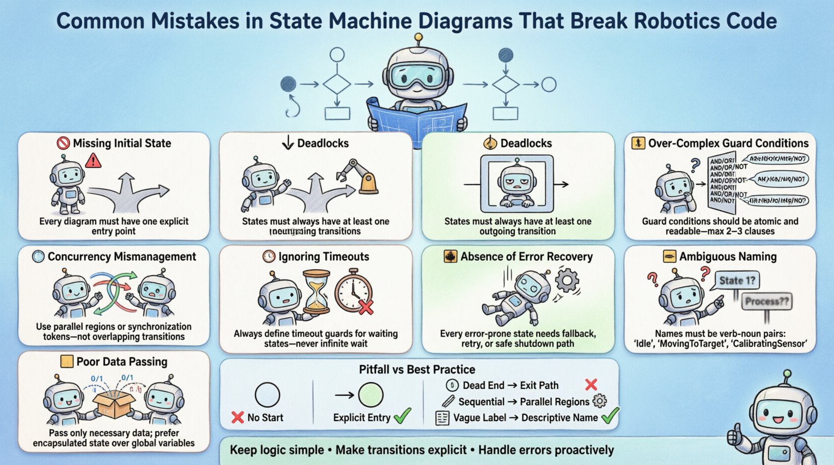 Chibi-style infographic illustrating 8 common mistakes in UML state machine diagrams for robotics code: missing initial state, deadlocks, concurrency mismanagement, over-complex guards, ignored timeouts, absent error recovery, poor data passing, and ambiguous naming. Features cute robot characters, visual pitfall vs best practice comparisons, and key takeaways for building resilient robotic control systems. Educational resource for embedded software engineers.