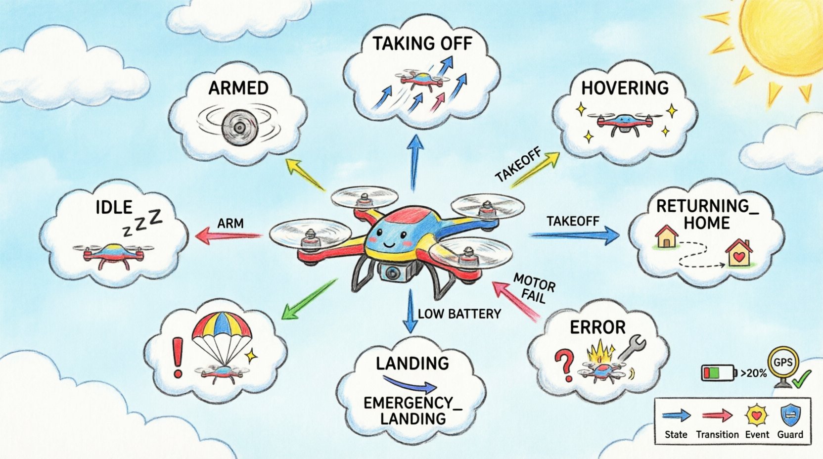 Child's drawing style infographic illustrating a UML state machine diagram for autonomous drone control logic, showing 9 core states (IDLE, ARMED, TAKING_OFF, HOVERING, NAVIGATING, RETURNING_HOME, LANDING, EMERGENCY_LANDING, ERROR) connected by colorful crayon arrows with event triggers like ARM_COMMAND, BATTERY_LOW, and MOTOR_FAILURE, plus guard conditions and actions for embedded systems design education