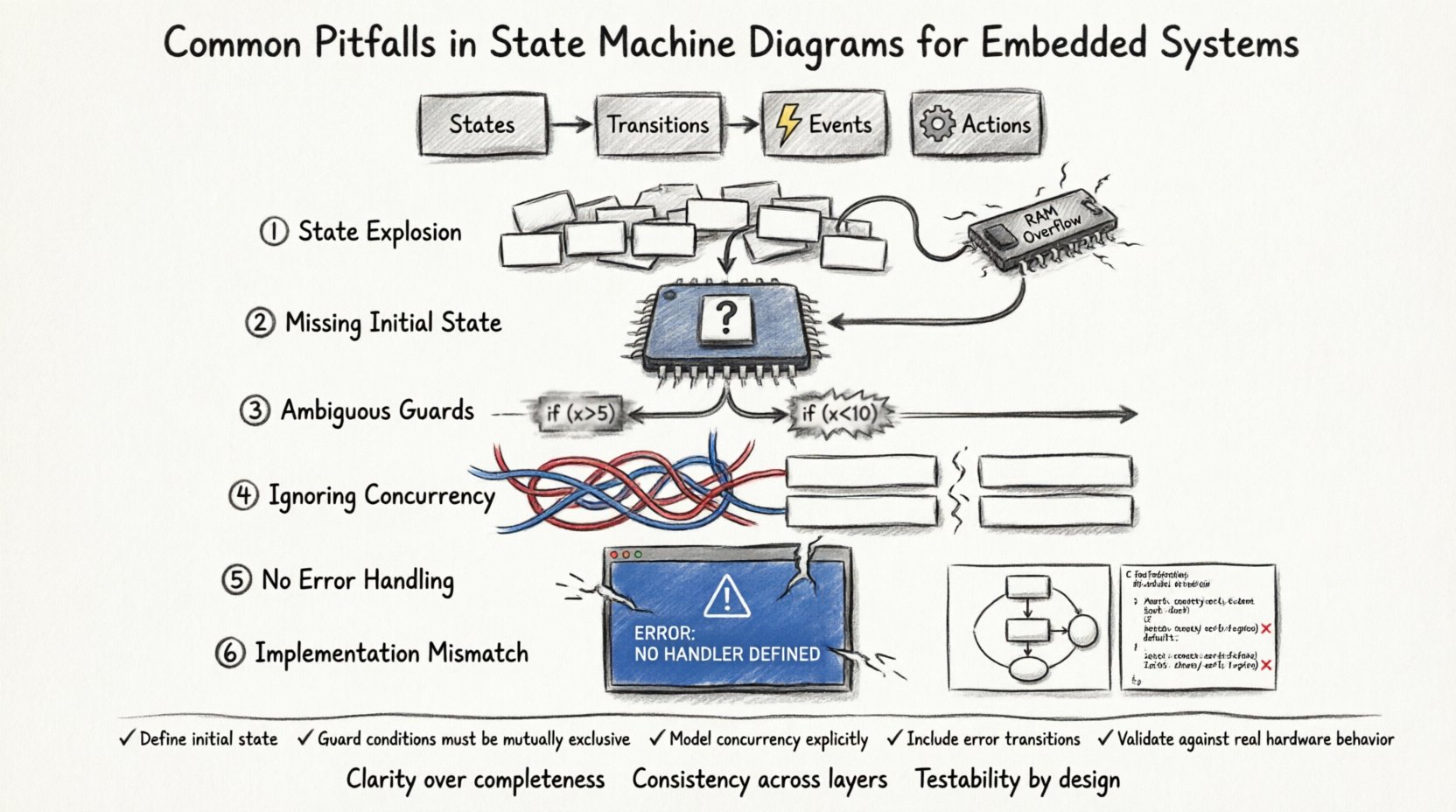 Charcoal contour sketch infographic showing six common pitfalls in state machine diagrams for embedded systems beginners: state explosion problem, missing initial state definition, ambiguous transition guards, ignored concurrency/orthogonal regions, lack of error handling states, and implementation mismatch; includes core components (states, transitions, events, actions) and validation checklist for robust embedded design