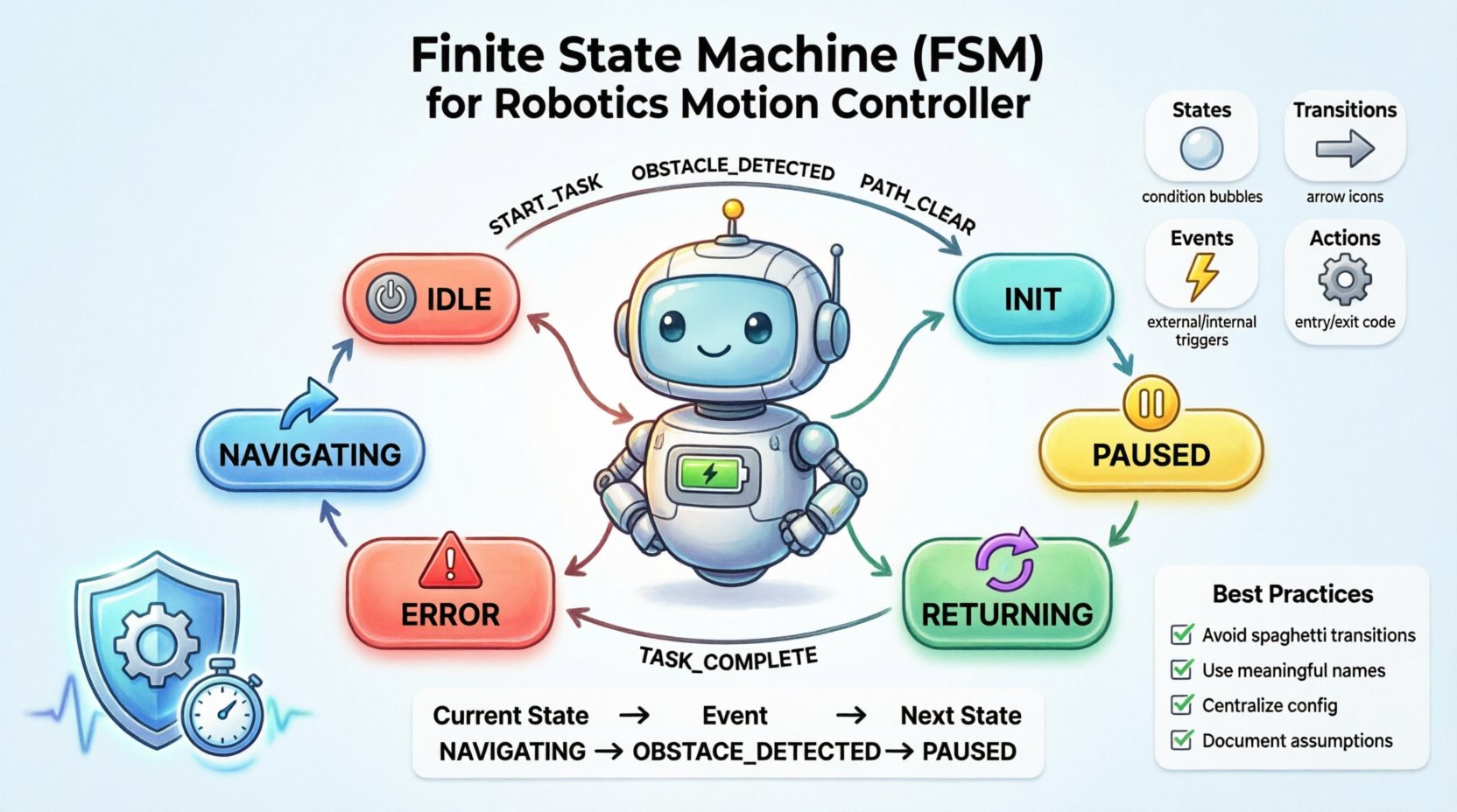 Cartoon infographic illustrating Finite State Machine (FSM) design for robotics motion control, featuring a friendly robot surrounded by colorful state diagrams showing IDLE, NAVIGATING, PAUSED, ERROR, and CHARGING states connected by transition arrows labeled with events like START_TASK and OBSTACLE_DETECTED, with callouts explaining core FSM components (states, transitions, events, actions), safety best practices checklist, transition table example, and timer concepts for autonomous mobile robot navigation