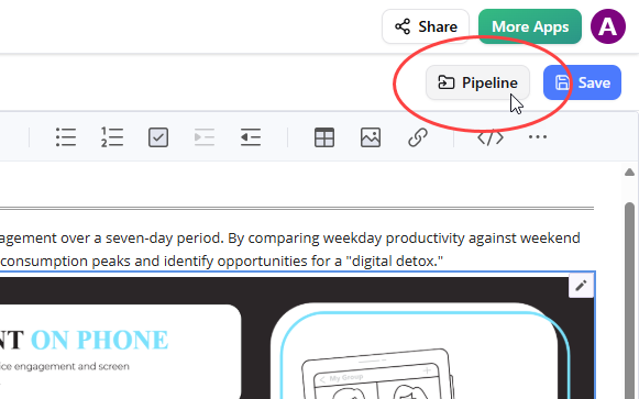 A screenshot of Visual Paradigm OpenDocs that shows how to open the Pipeline pane.
