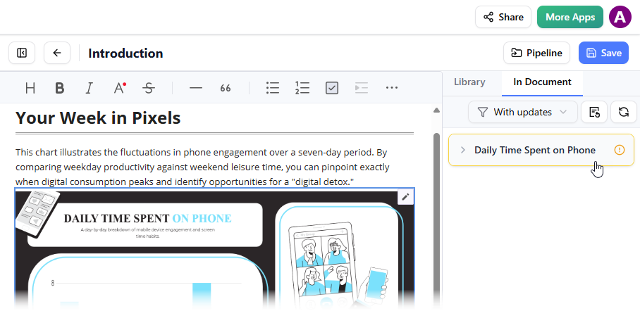 A screenshot of OpenDocs, showing a user replacing a column chart with a newer revision by selecting the newer revision in the Pipelines pane