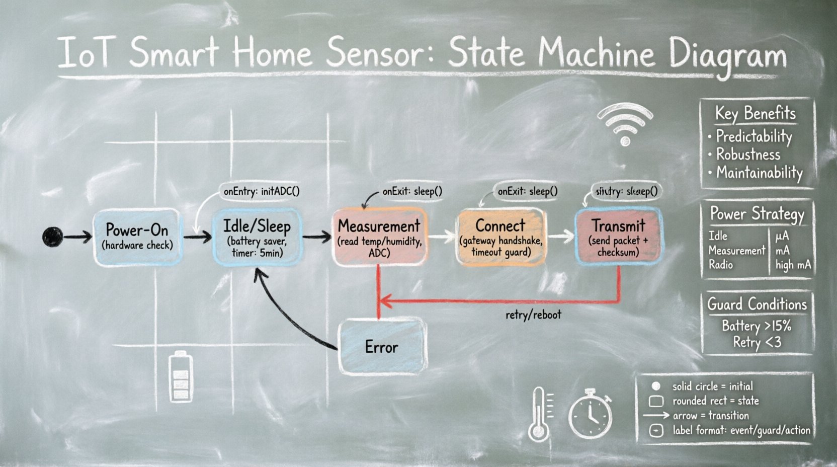 Chalkboard-style infographic illustrating a UML state machine diagram for an IoT smart home temperature and humidity sensor, showing six key states (Power-On, Idle/Sleep, Measurement, Connect, Transmit, Error) with hand-drawn transitions, guard conditions, entry/exit actions, power consumption estimates, and UML notation legend in a teacher-friendly handwritten chalk aesthetic on a 16:9 widescreen layout