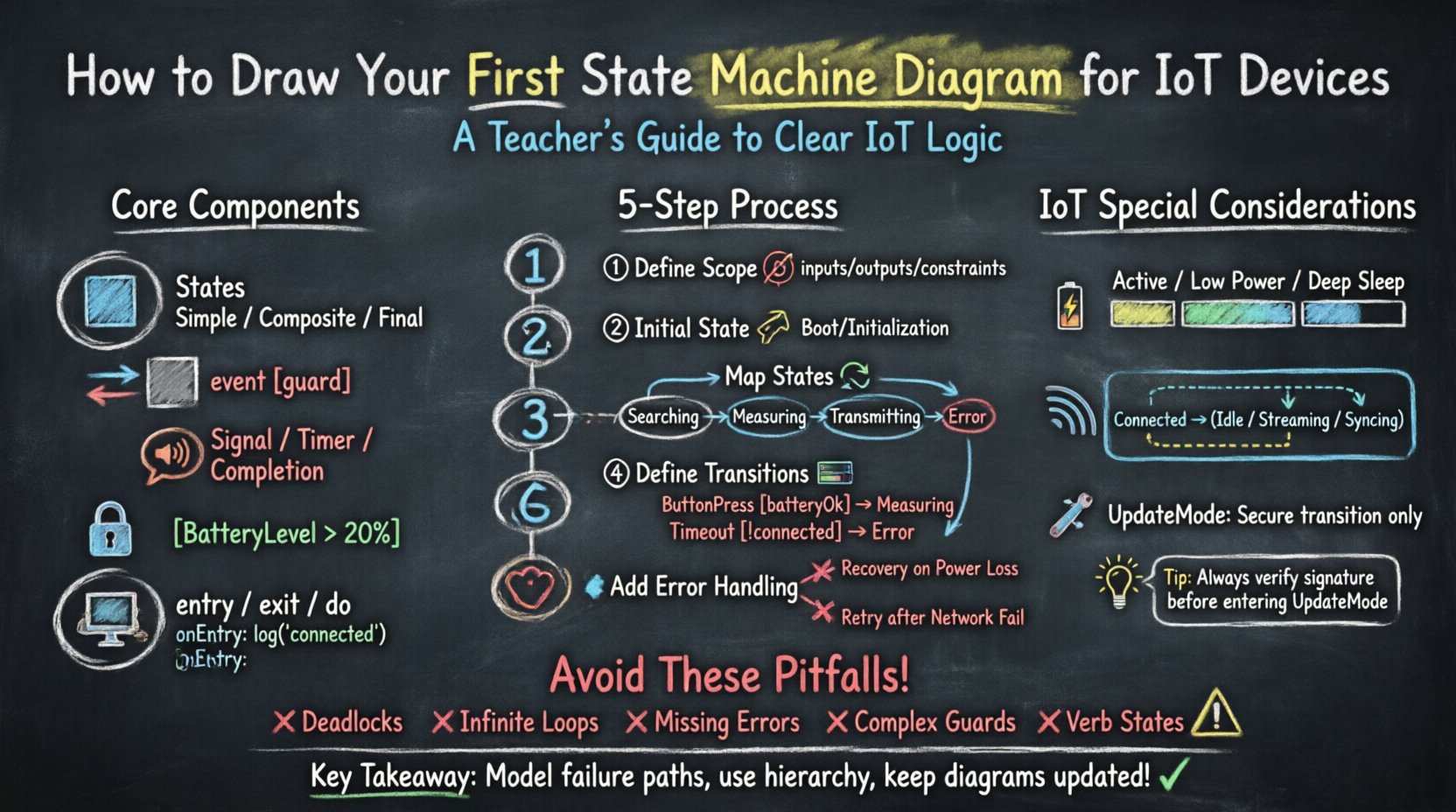 Chalkboard-style infographic teaching how to create UML state machine diagrams for IoT devices, featuring core components (states, transitions, events, guards, actions), a 5-step modeling process, IoT-specific considerations for power management and connectivity, common pitfalls to avoid, and best practices for embedded system design