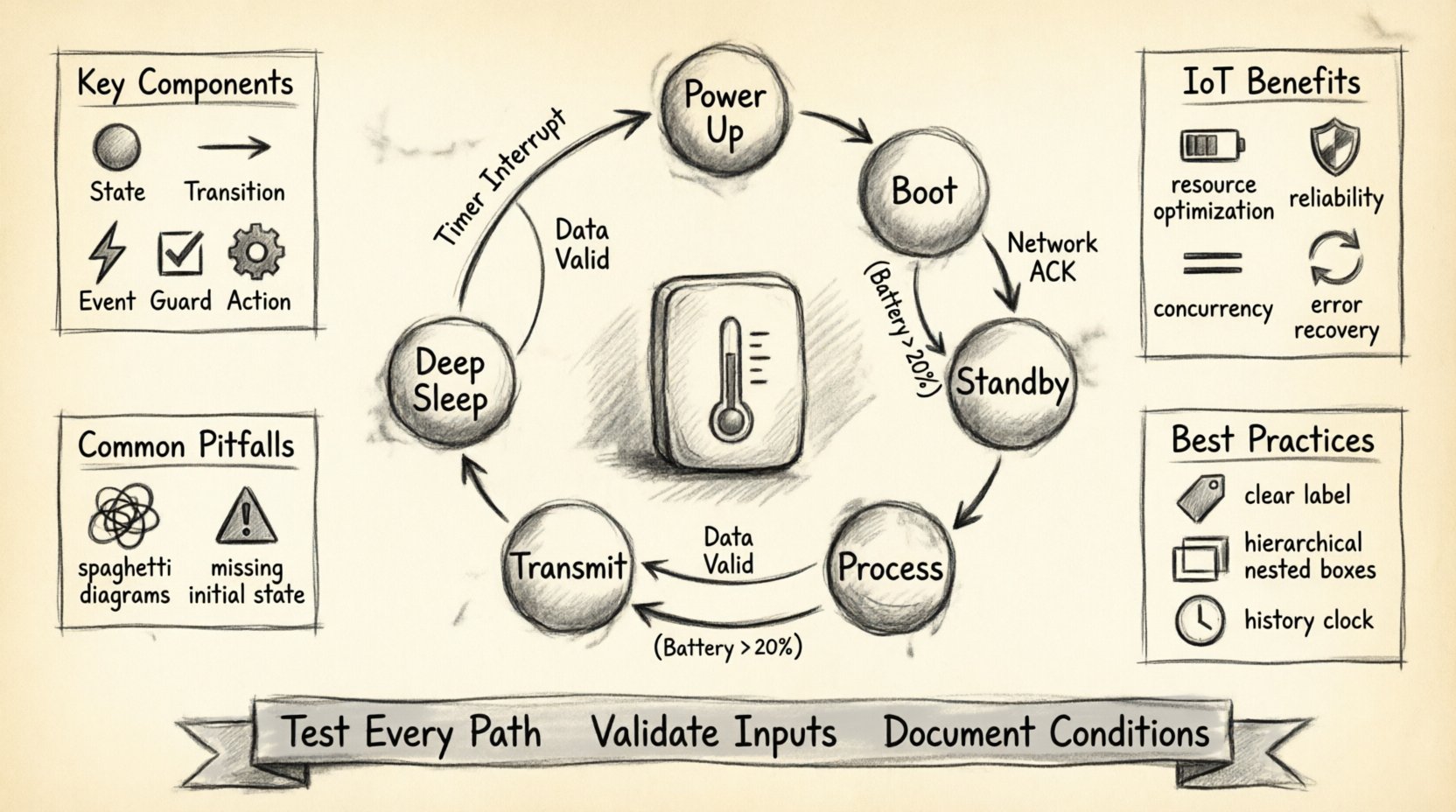 Charcoal contour sketch infographic illustrating state machine diagrams for IoT developers: central flow shows smart temperature sensor states (Power Up, Boot, Standby, Measure, Process, Transmit, Deep Sleep) connected by labeled transition arrows with event triggers and guard conditions; surrounding callouts display key components (states, transitions, events, guards, actions), IoT benefits (reliability, resource optimization, concurrency, error recovery), common pitfalls (spaghetti diagrams, unreachable states), and best practices (clear naming, hierarchical states, input validation); monochrome hand-drawn aesthetic with cross-hatching on off-white paper texture, 16:9 aspect ratio