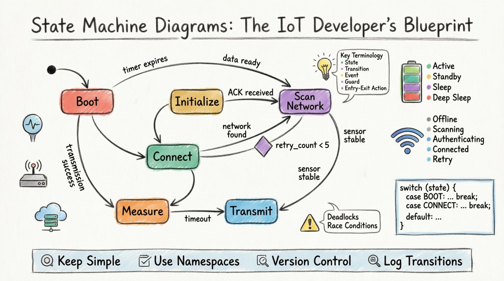 Marker-style educational infographic explaining State Machine Diagrams for IoT developers, featuring a smart thermostat lifecycle flowchart with UML symbols (states, transitions, guard conditions), power management modes (Active/Standby/Sleep), network connectivity states (Offline/Scanning/Connected), design patterns, and debugging best practices for embedded systems