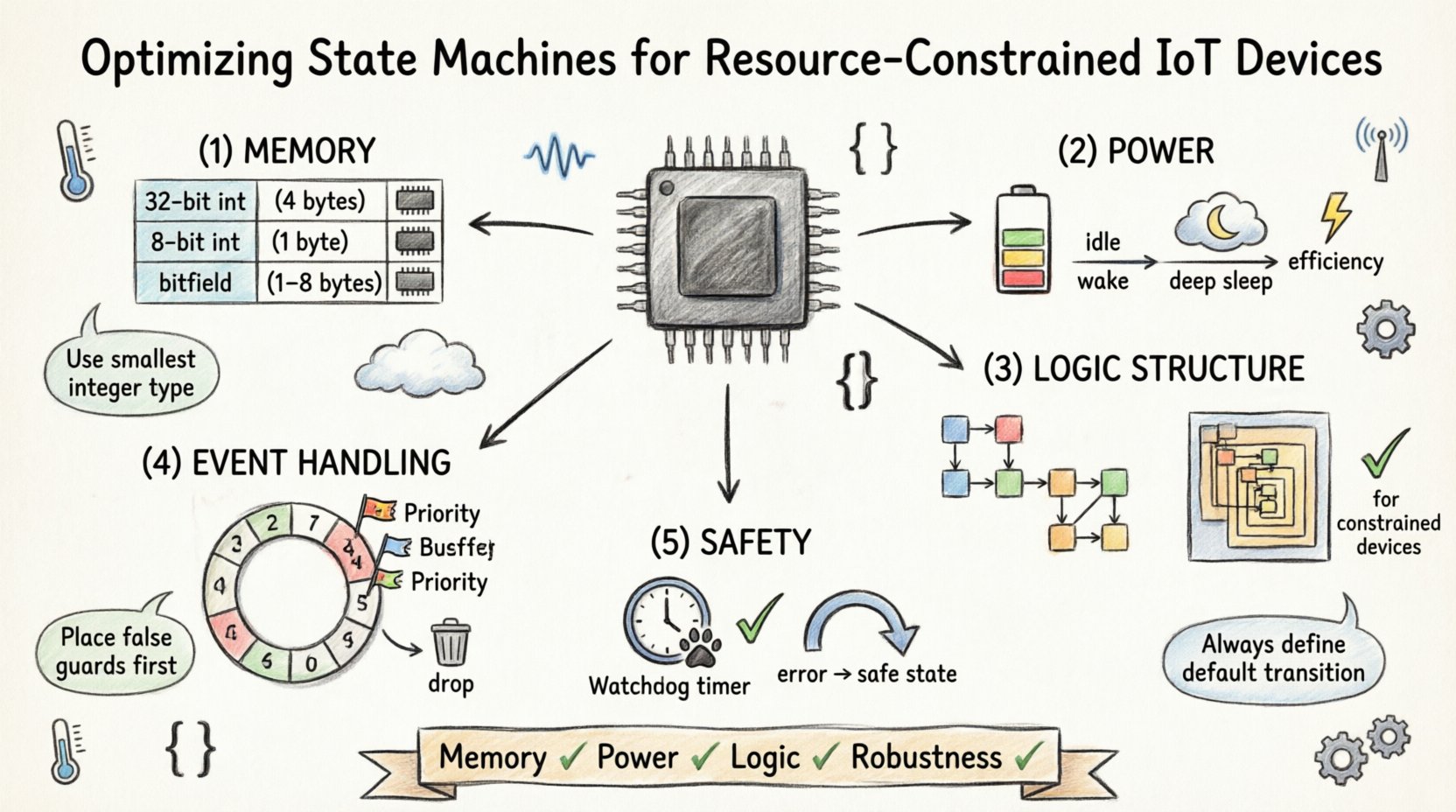 Hand-drawn infographic illustrating how to optimize UML state machine diagrams for resource-constrained IoT devices, covering memory-efficient state storage (bitfields vs integers), power management through idle states and sleep modes, flat vs hierarchical logic structures, event queue handling with circular buffers, and safety practices like watchdog timers and default transitions for reliable embedded system design