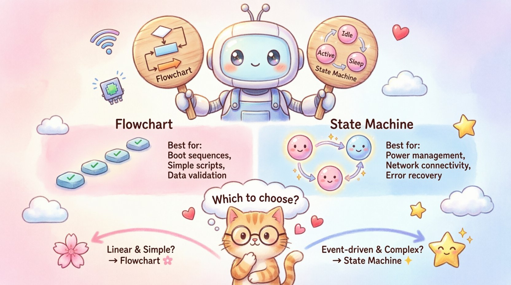 Kawaii-style infographic comparing State Machine Diagrams vs Flowcharts for IoT projects, featuring cute robot character, pastel color palette, visual breakdown of when to use linear flowchart logic versus event-driven state machines for embedded systems, power management, network connectivity, and error recovery scenarios