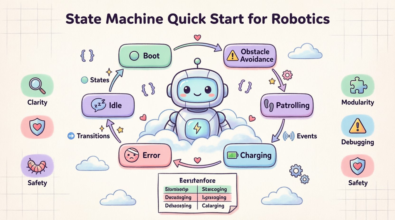Cute kawaii vector infographic explaining state machine diagrams for robotics programmers, featuring a friendly cartoon robot surrounded by pastel-colored state bubbles (Idle, Patrolling, Obstacle Avoidance, Charging, Error), playful transition arrows with sparkles, and key components labeled with icons for states, triggers, guard conditions, and events, designed in simplified rounded shapes with soft mint, lavender, and peach color palette on 16:9 layout