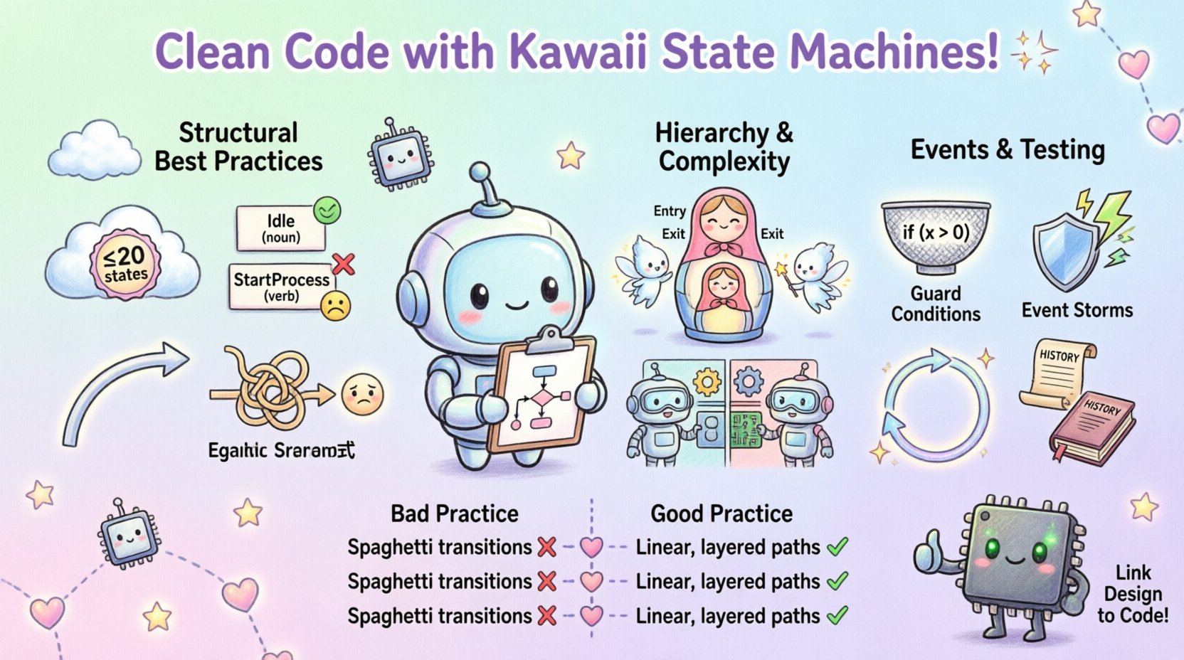 Kawaii-style infographic illustrating State Machine Diagram best practices for clean embedded code: features cute chibi robot with flowchart, pastel-colored sections showing structural guidelines (limit states, consistent naming, minimize cross-transitions), hierarchy management (composite states, entry/exit actions, orthogonal regions), event handling (guards, avoid event storms, self-transitions), history states comparison, good vs bad practices table with checkmarks, and testing strategies—all designed with soft pastel colors, adorable icons, and playful typography for intuitive learning